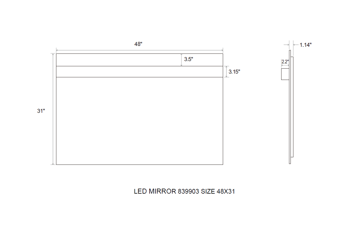 Aquamoon 8399 LED Bathroom Mirror 48" x 31" Wall Mounted With Bottom Front Touch On/Off Switch 6000K High Lumen