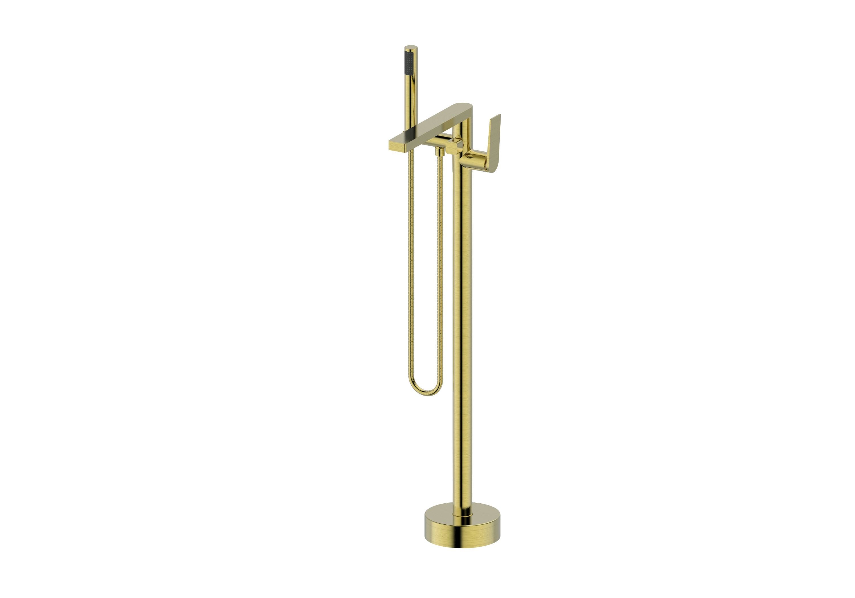 Aquamoon Havana Round Floor Faucet, Single Lever Bath Tub Filler With Hand Held Brushed Gold Finish 