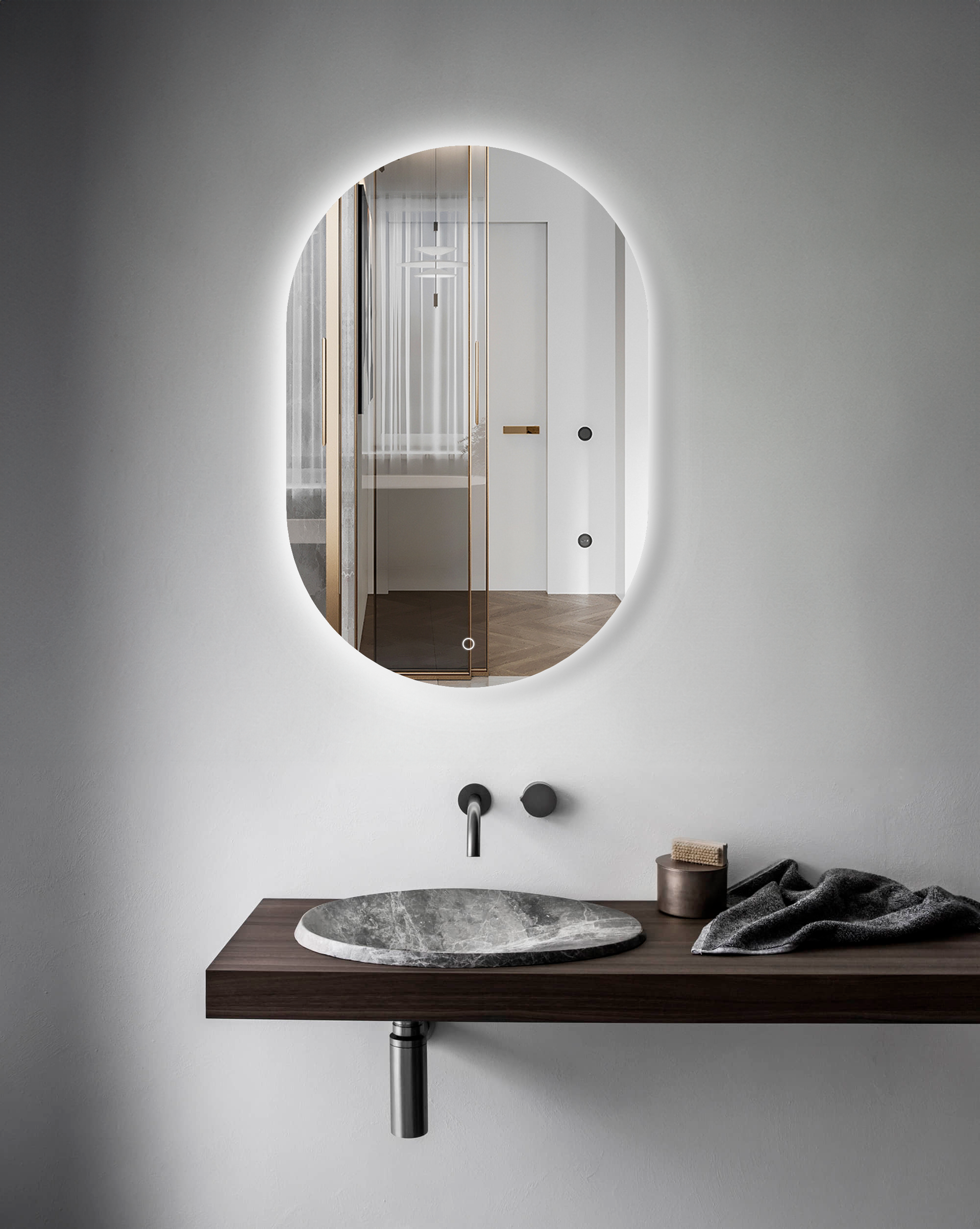 Aquamoon LED Mirror 1575 With Front Touch On/Off Botton, Oval Frameless Design With Back Ilumination 24W x 39H