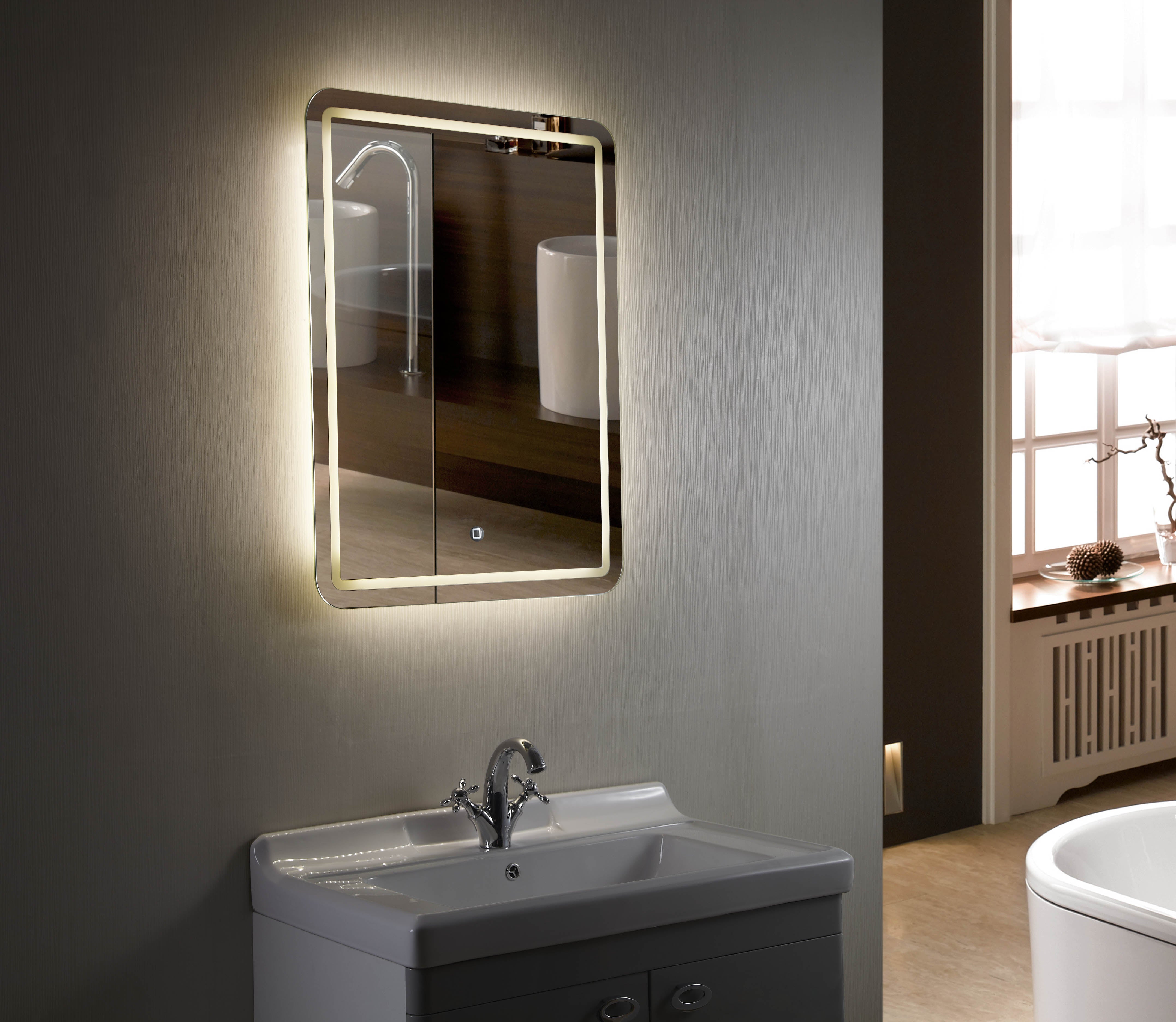 Aquamoon 1989 LED Bathroom Mirror 24" x 31" Wall Mounted Side Switch 6000K High Lumen Bath Trends USA