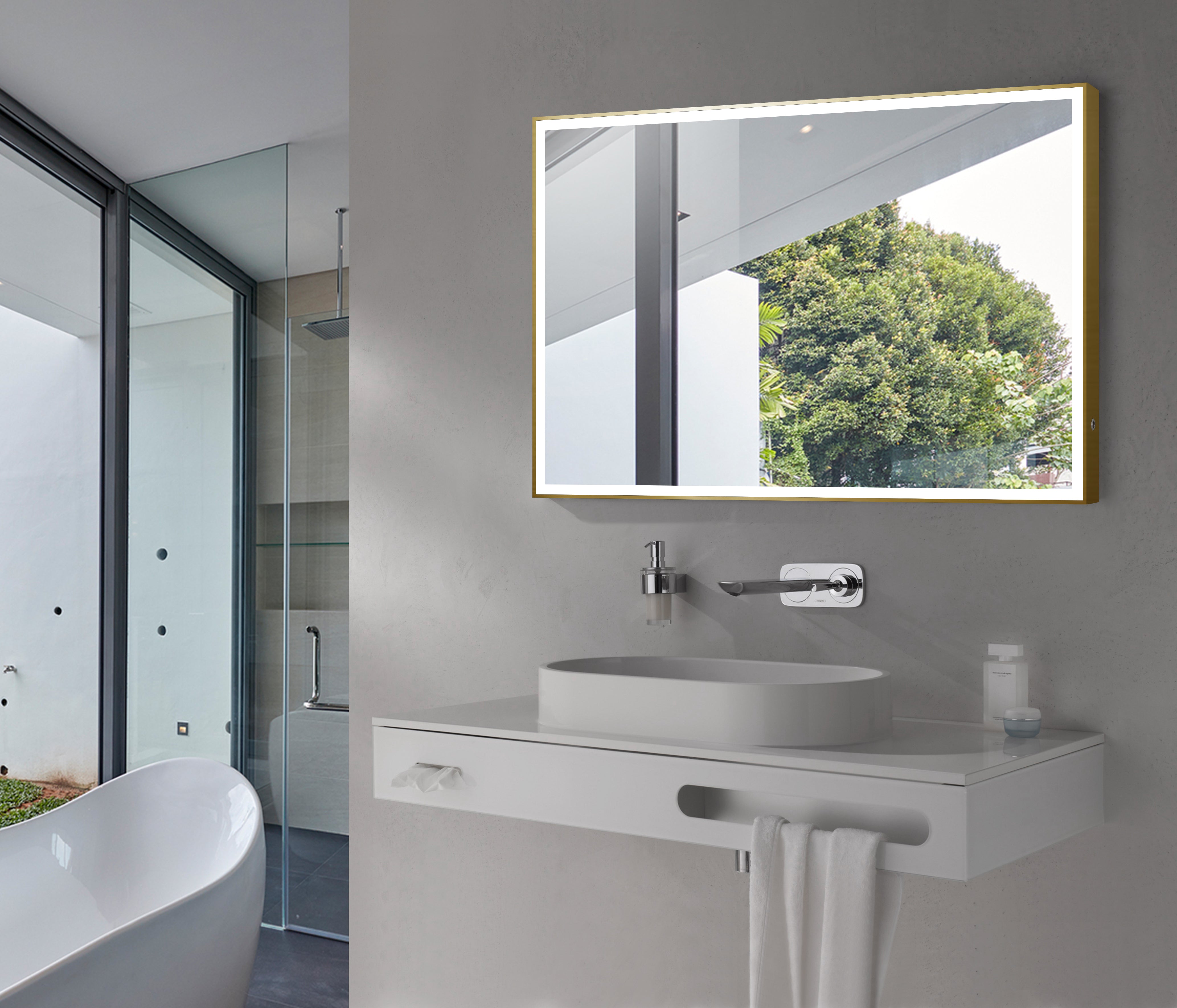 Aquamoon LED Mirror 2595 With Side On/Off Sensor, Square Brush Gold Frame Design With  Front Ilumination 24W x 31H