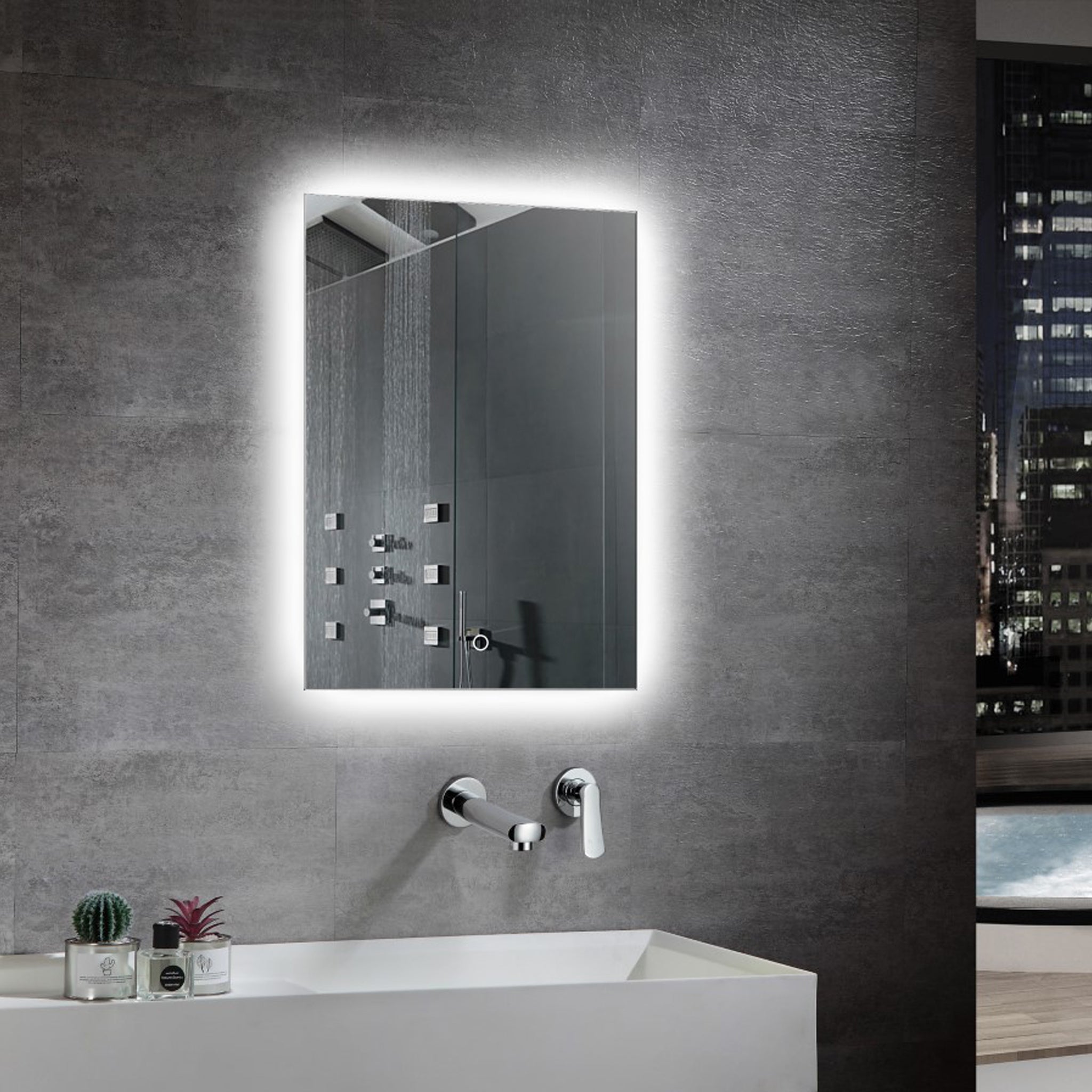 Aquamoon ANTIFOG LED Mirror 3399 With Front Touch On/Off Botton, Square Frosted Corner Design With Front And Back Ilumination 31W x 47H