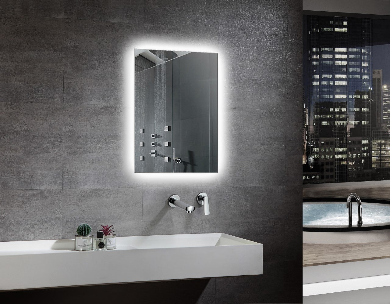 Aquamoon LED Mirror 4575 With Front Touch On/Off Botton, Square Frameless Corner Design With Back Ilumination 24W x 31H 