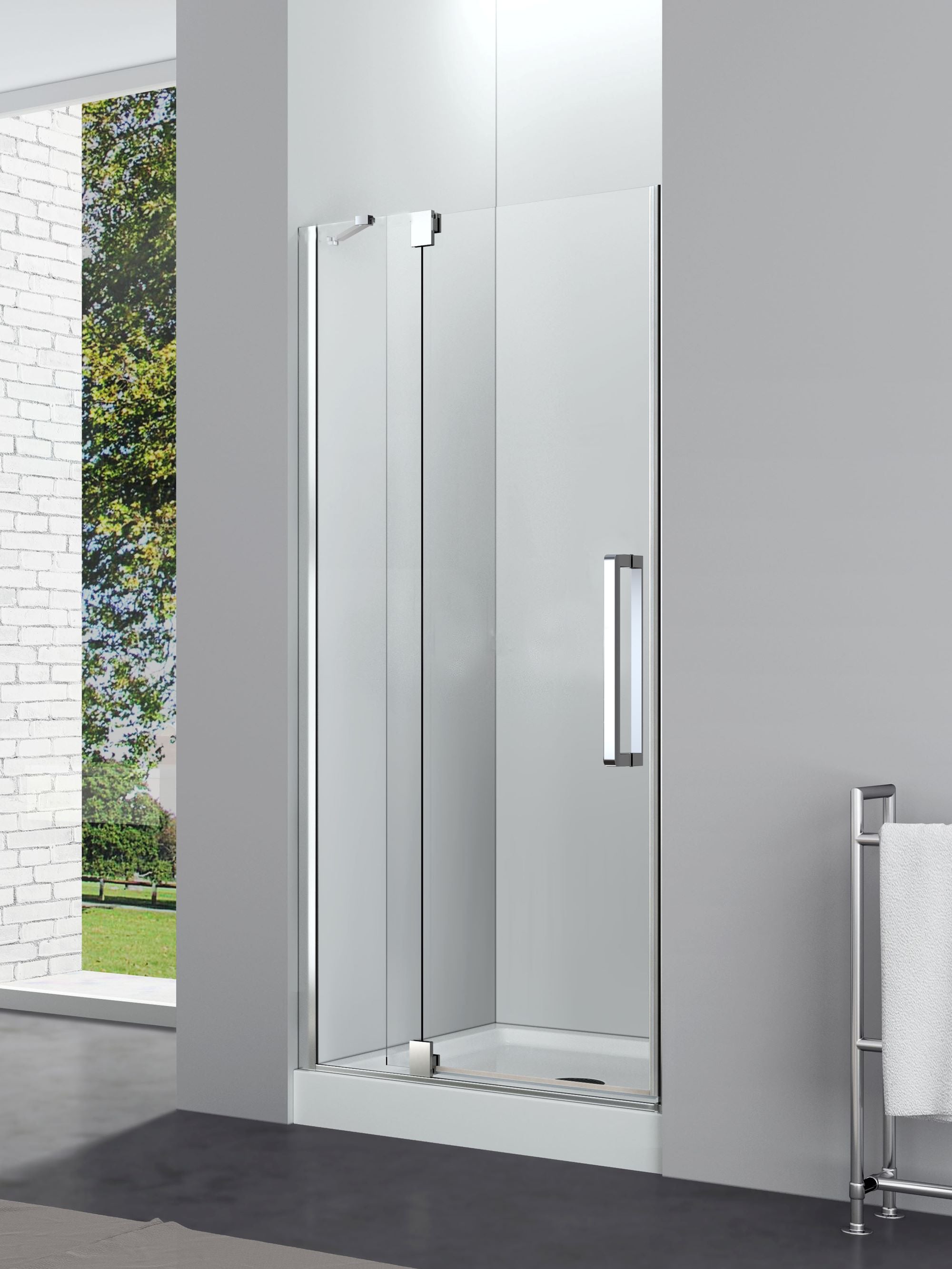 Aquamoon Mirage Semi Frameless Shower Door W 48 x H 76, One Fix Panel and One Swing Door, Brush Nickel Finish 