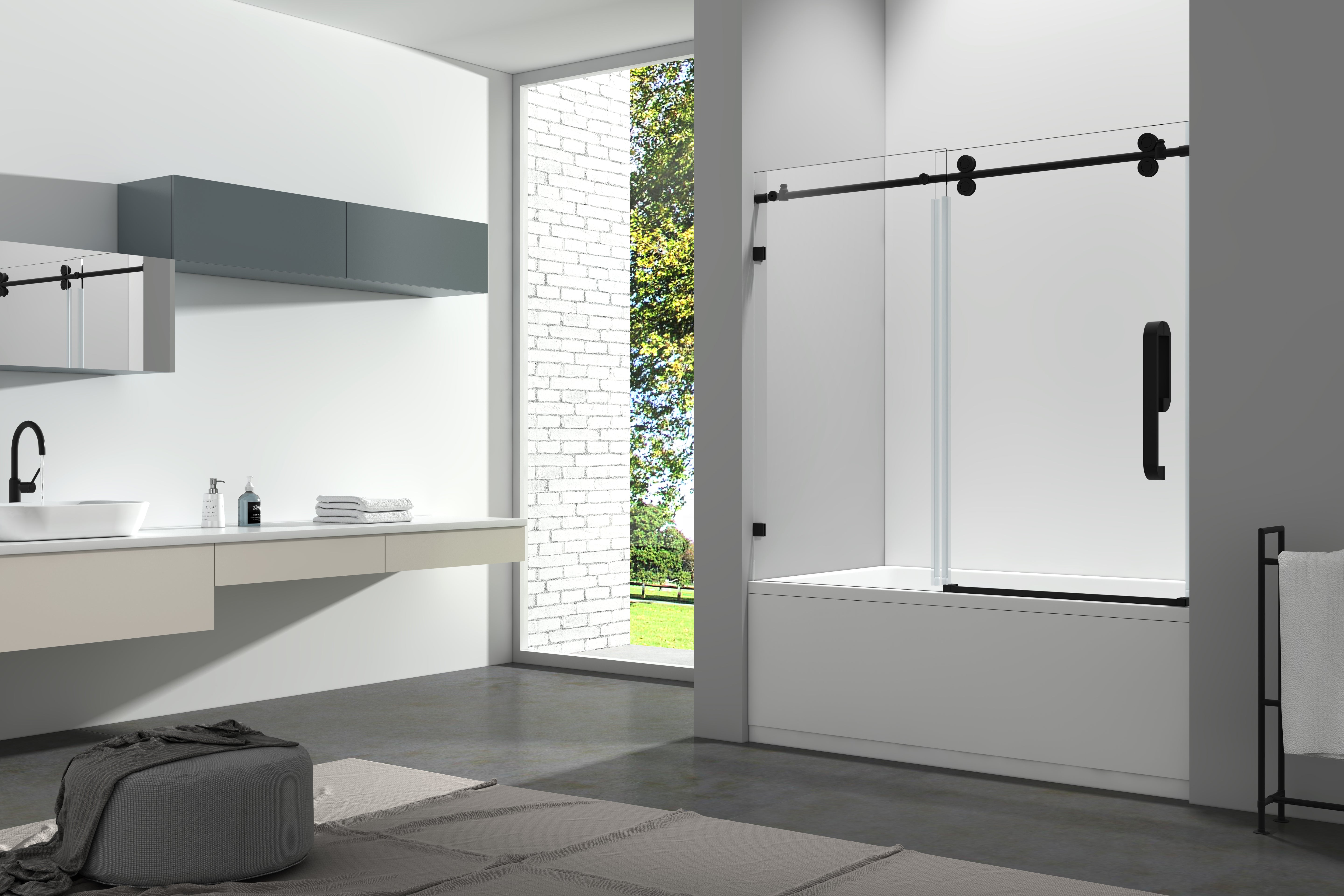 Aquamoon SKY Frameless Sliding Tub Door 60 "X 66" Clear Tempered Glass, Matte Black