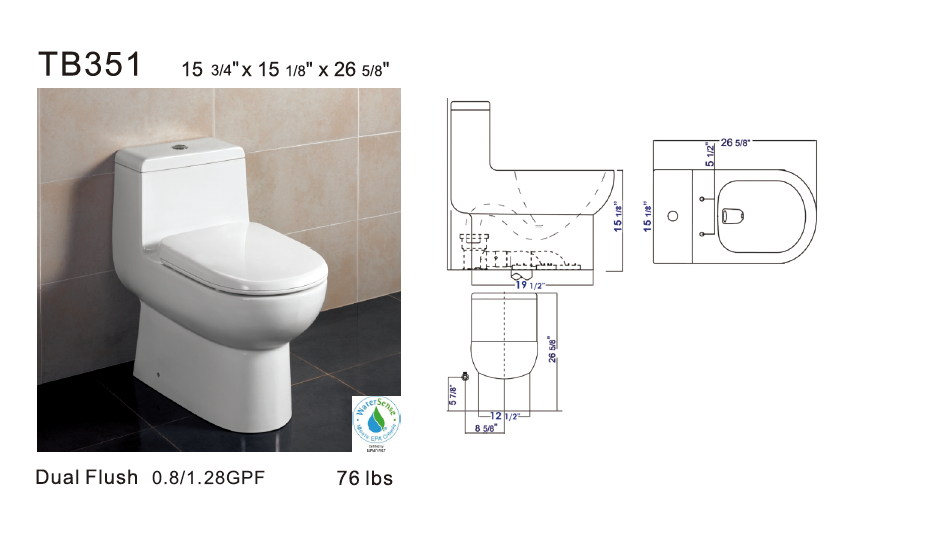 Eago TB 351 Elongated One Piece Dual Flush Toilet With Soft Closing Seat