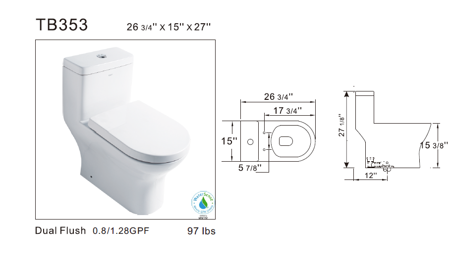Eago TB 353 Elongated One Piece Dual Flush Toilet With Soft Closing Seat