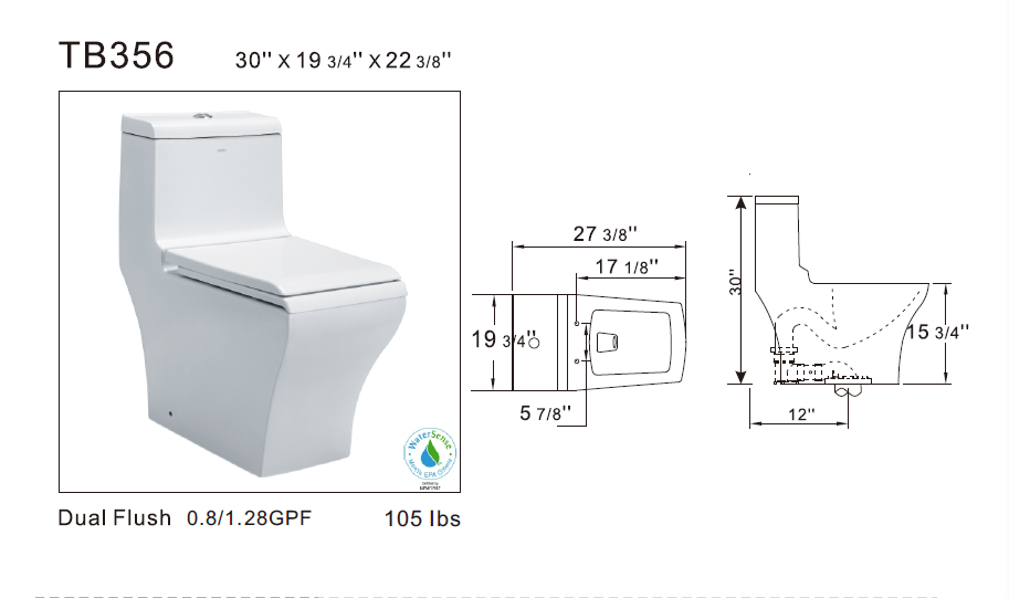 Eago TB 356 Elongated One Piece Dual Flush Toilet With Soft Closing Seat