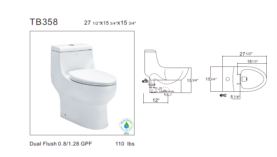 Eago TB 358 Elongated One Piece Dual Flush Toilet With Soft Closing Seat