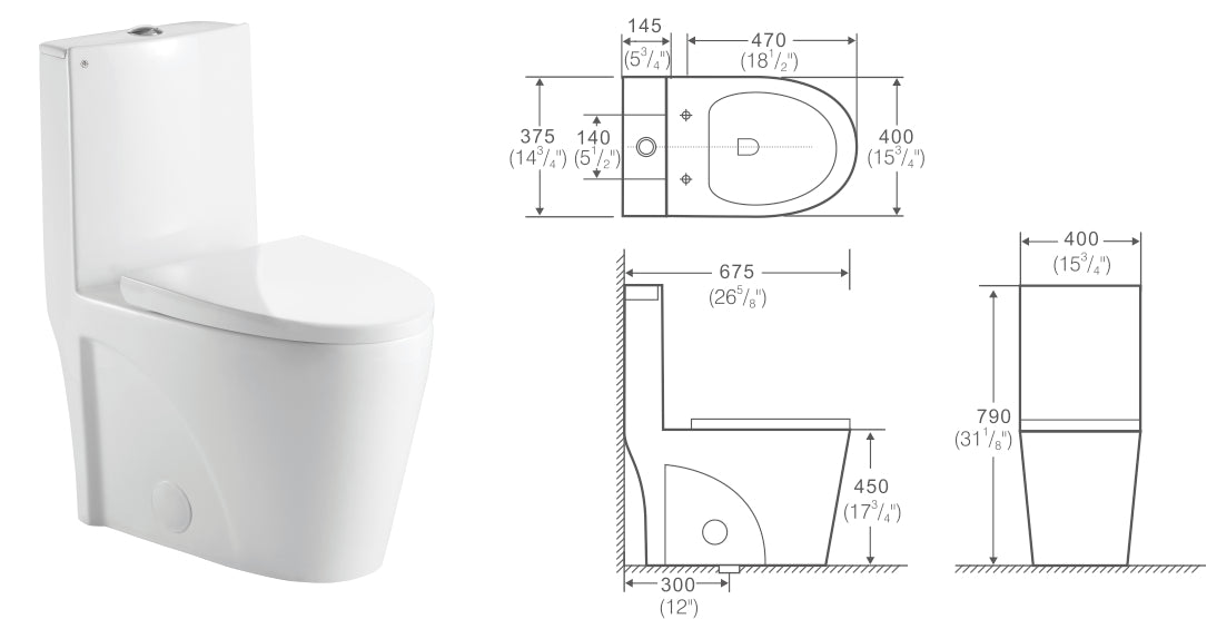 Aquamoon TB 382 Elongated One Piece Dual Flush Toilet With Soft Closing Seat
