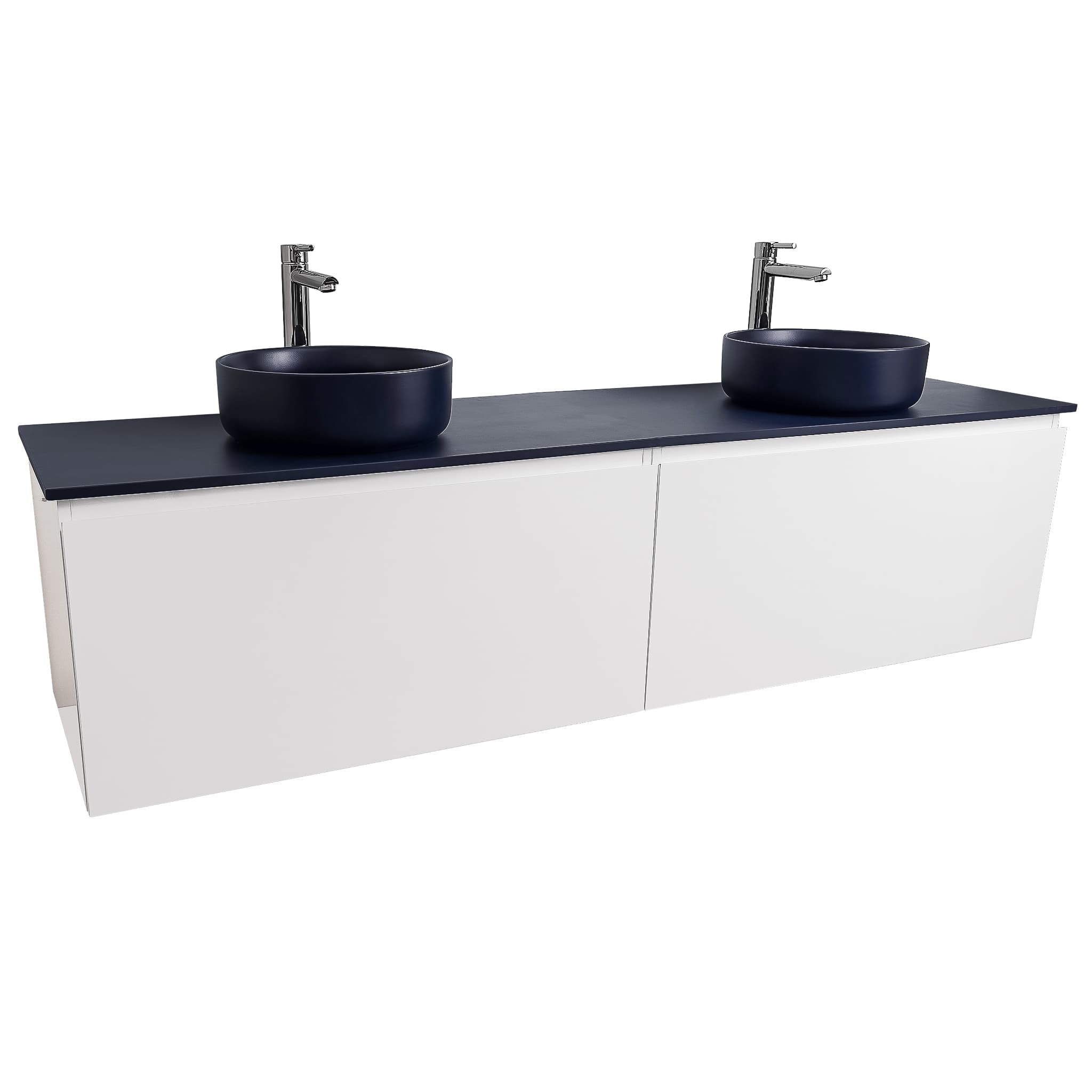 Venice 72 White High Gloss Cabinet, Ares Navy Blue Top And Two Ares Navy Blue Ceramic Basin, Wall Mounted Modern Vanity Set