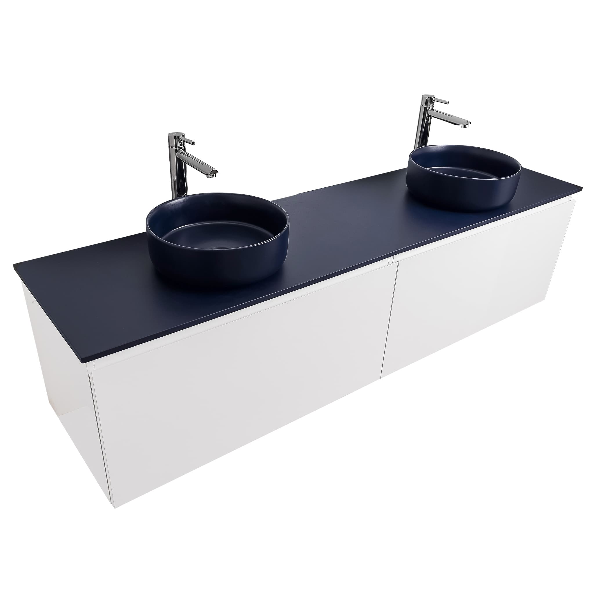 Venice 72 White High Gloss Cabinet, Ares Navy Blue Top And Two Ares Navy Blue Ceramic Basin, Wall Mounted Modern Vanity Set