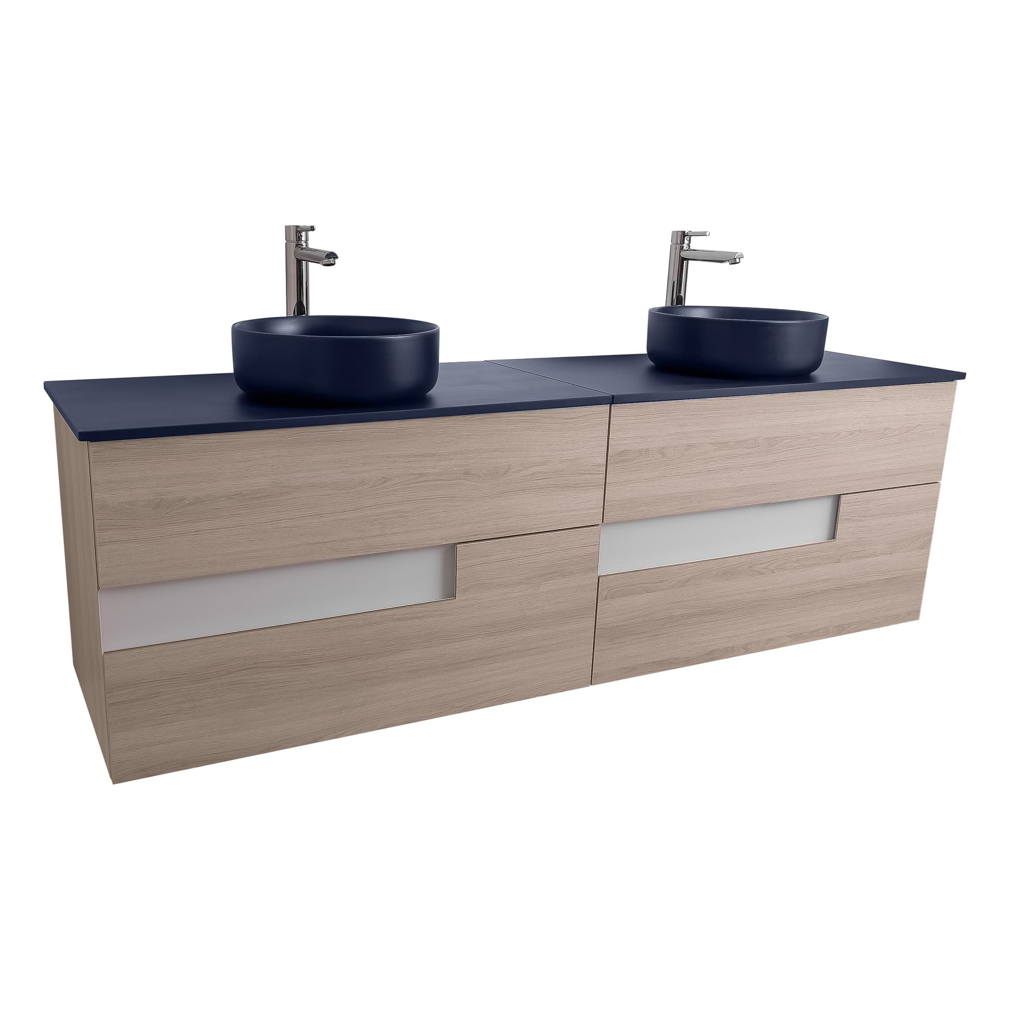 Vision 72 Natural Light Wood Cabinet, Ares Navy Blue Top And Two Ares Navy Blue Ceramic Basin, Wall Mounted Modern Vanity Set