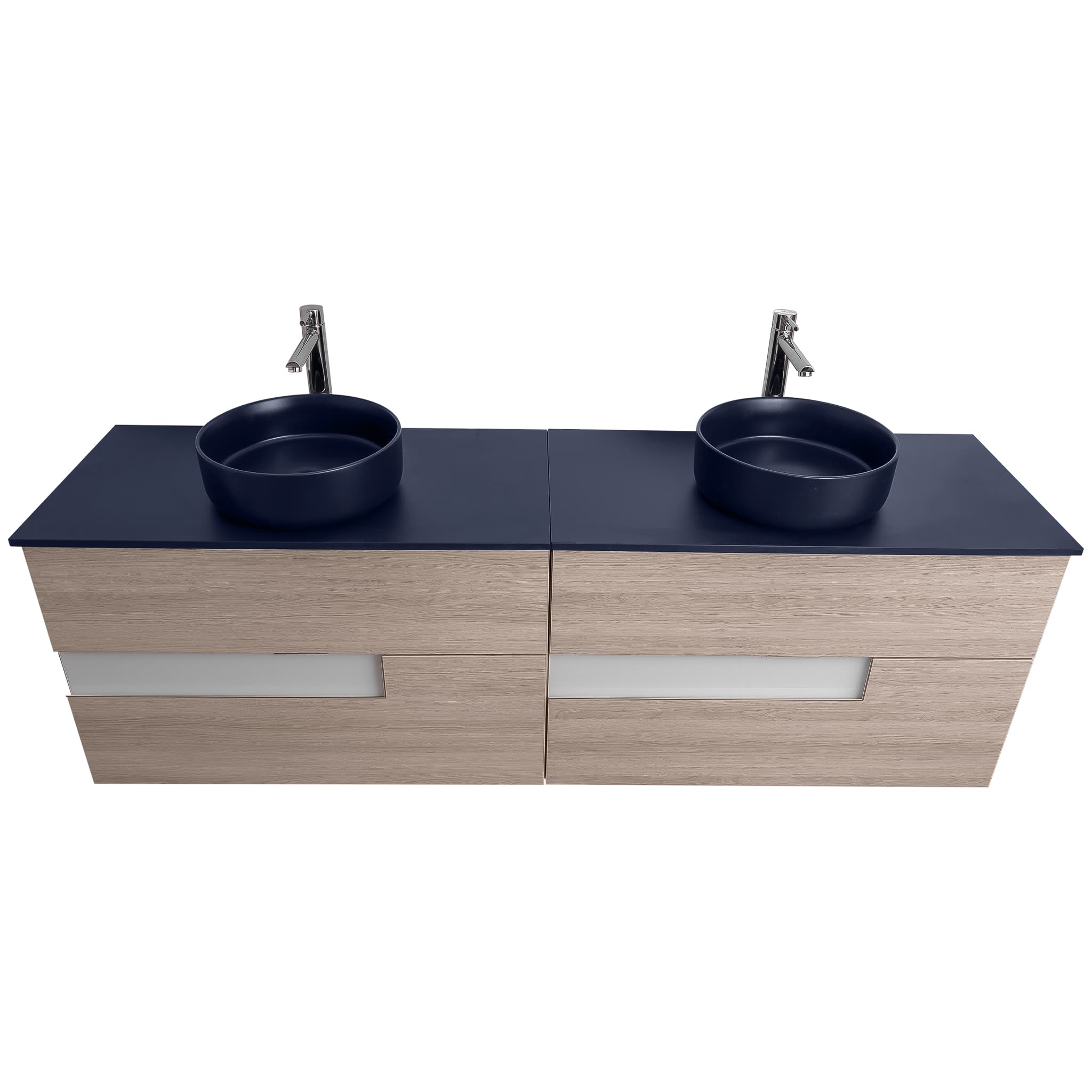 Vision 72 Natural Light Wood Cabinet, Ares Navy Blue Top And Two Ares Navy Blue Ceramic Basin, Wall Mounted Modern Vanity Set