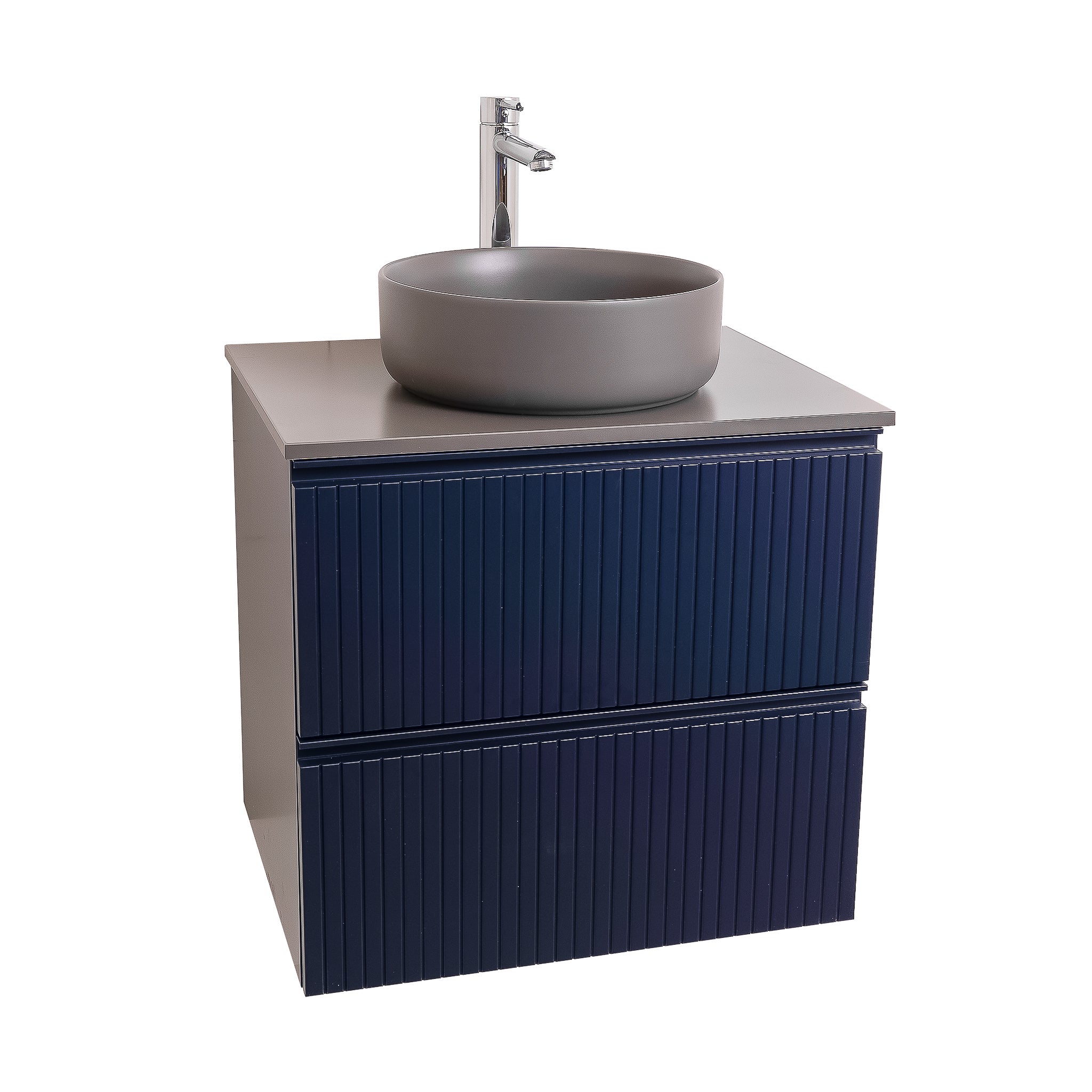 Ares 23.5 Matte Navy Blue Cabinet, Ares Grey Ceniza Top And Ares Grey Ceniza Ceramic Basin, Wall Mounted Modern Vanity Set