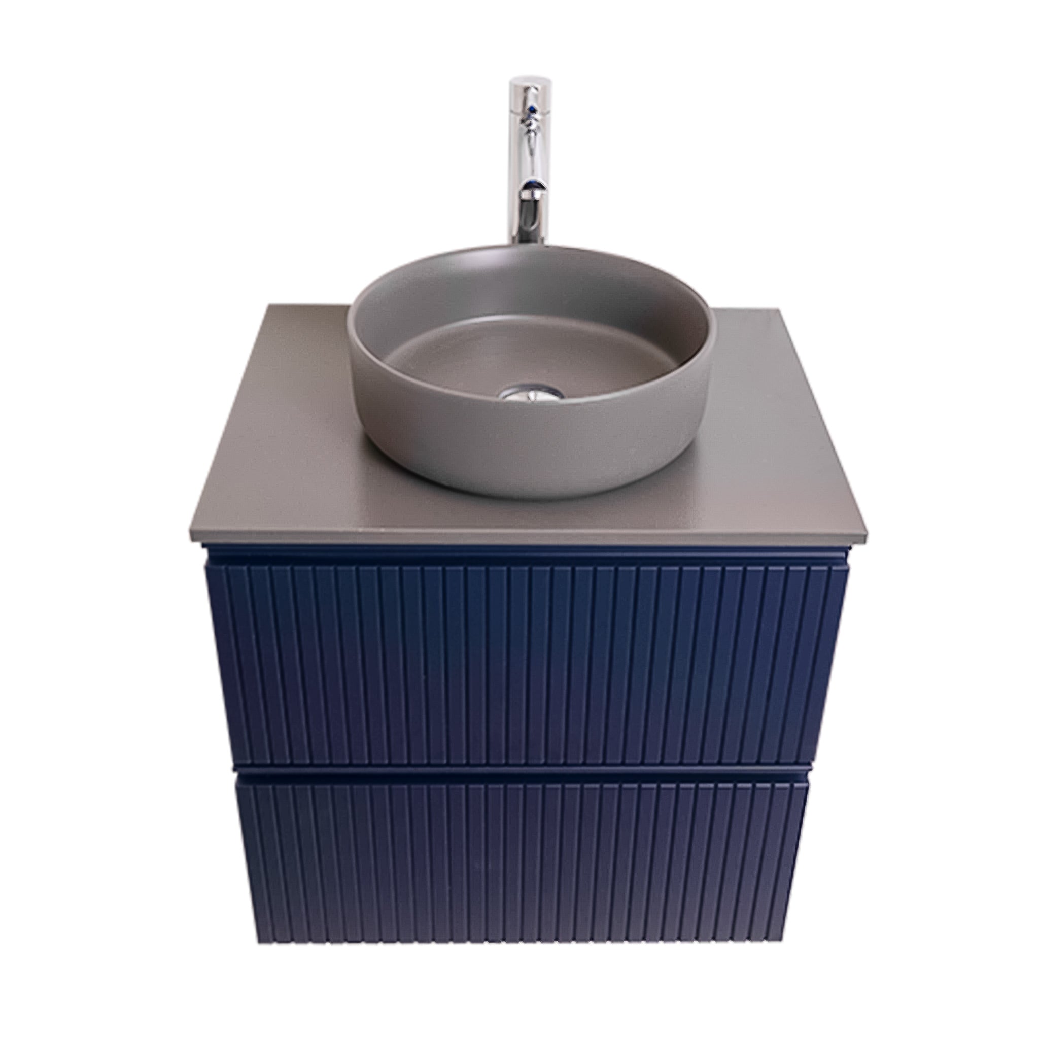 Ares 23.5 Matte Navy Blue Cabinet, Ares Grey Ceniza Top And Ares Grey Ceniza Ceramic Basin, Wall Mounted Modern Vanity Set