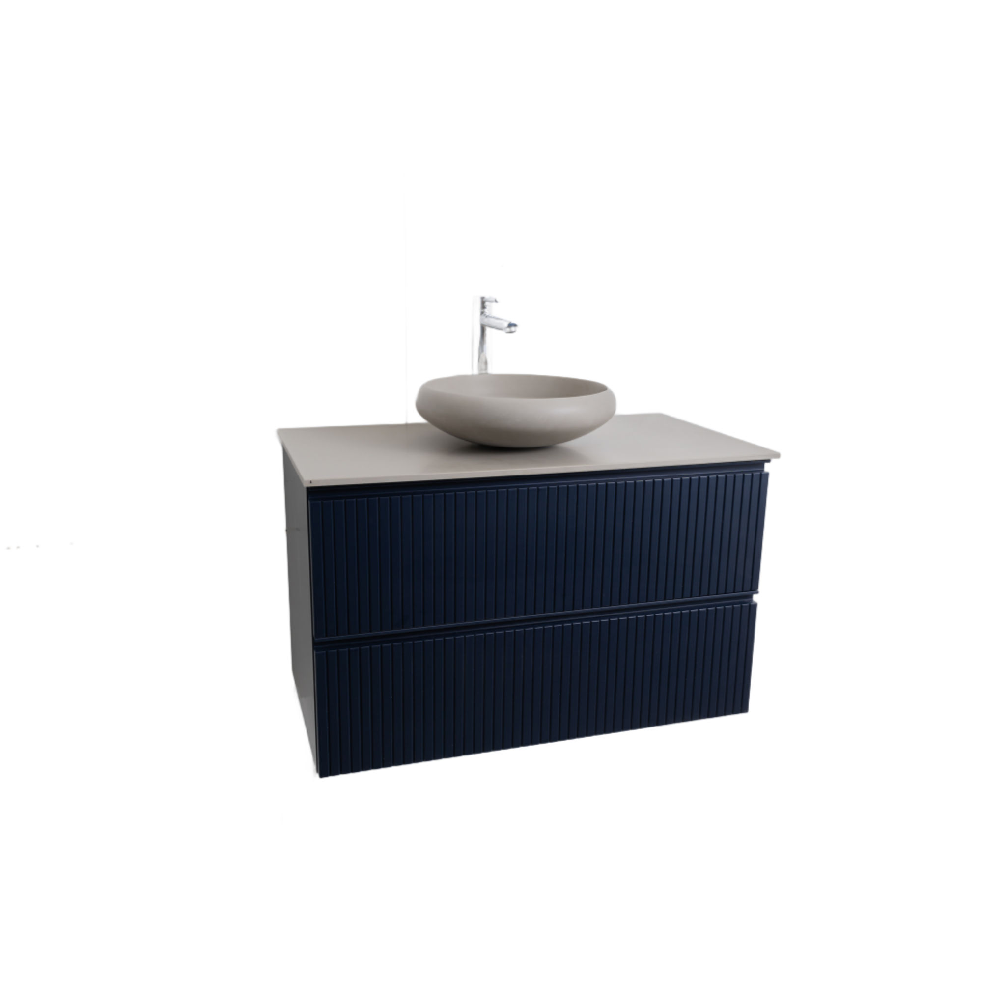 Ares 35.5 Matte Navy Blue Cabinet, Solid Surface Flat Taupe Counter And Round Solid Surface Taupe Basin 1153, Wall Mounted Modern Vanity Set