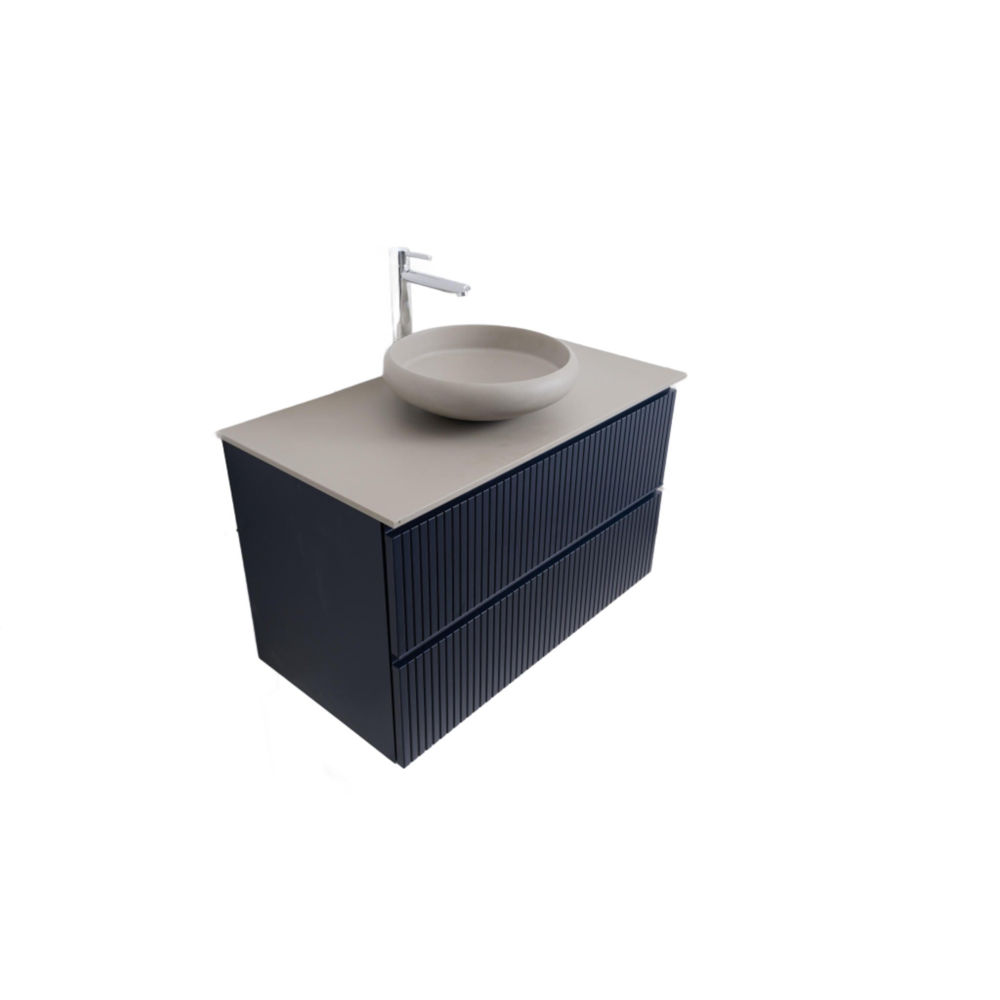 Ares 35.5 Matte Navy Blue Cabinet, Solid Surface Flat Taupe Counter And Round Solid Surface Taupe Basin 1153, Wall Mounted Modern Vanity Set