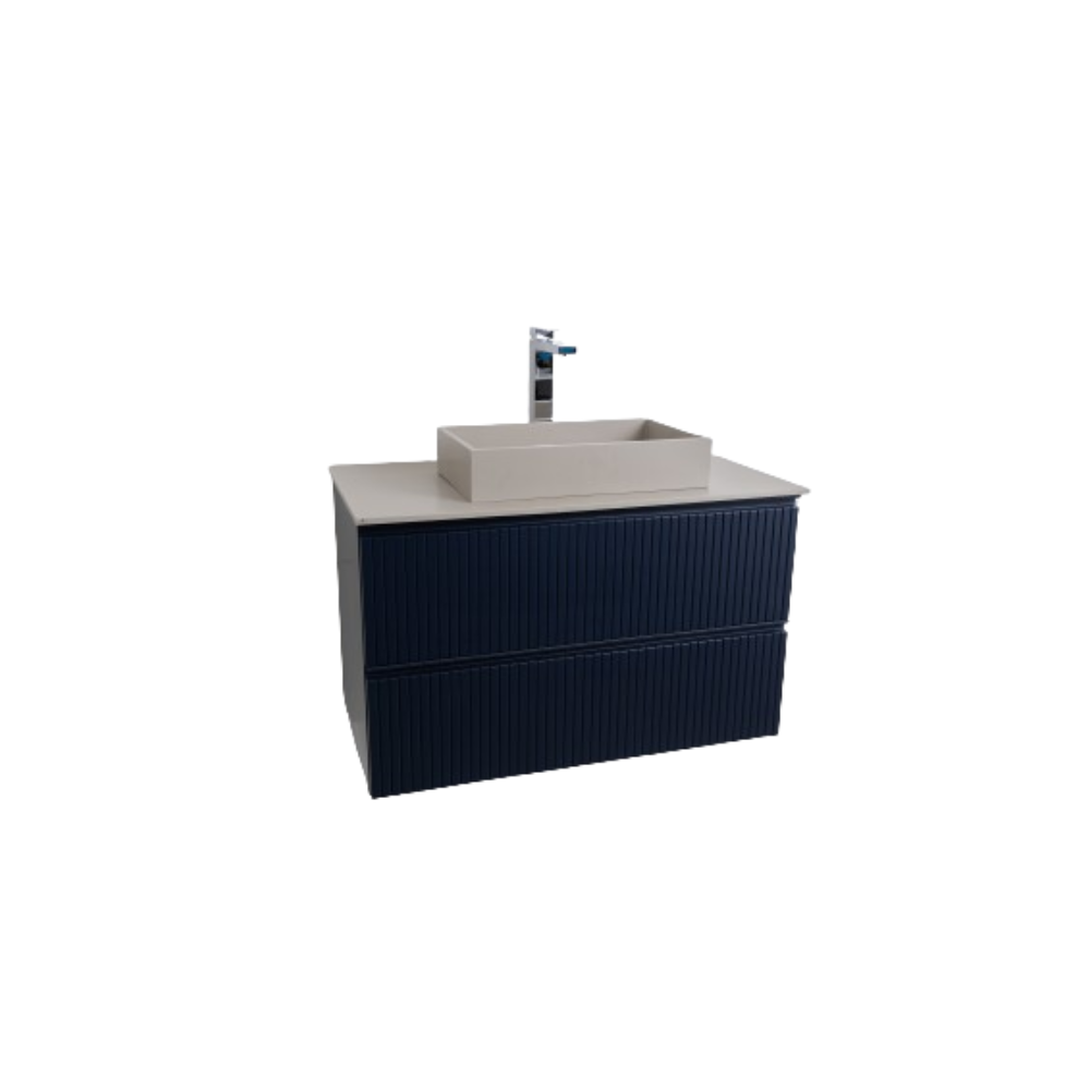 Ares 35.5 Matte Navy Blue Cabinet, Solid Surface Flat Taupe Counter And Infinity Square Solid Surface Taupe Basin 1329, Wall Mounted Modern Vanity Set