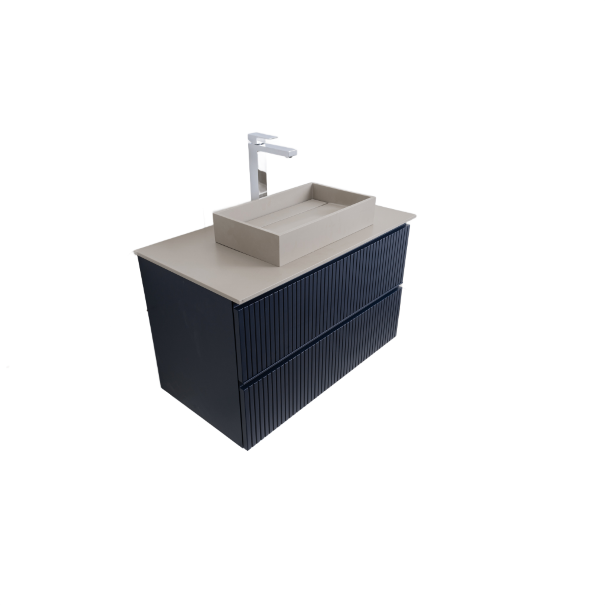 Ares 35.5 Matte Navy Blue Cabinet, Solid Surface Flat Taupe Counter And Infinity Square Solid Surface Taupe Basin 1329, Wall Mounted Modern Vanity Set