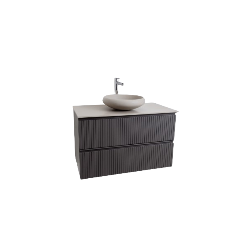 Ares 35.5 Matte Grey Cabinet, Solid Surface Flat Taupe Counter And Round Solid Surface Taupe Basin 1153, Wall Mounted Modern Vanity Set