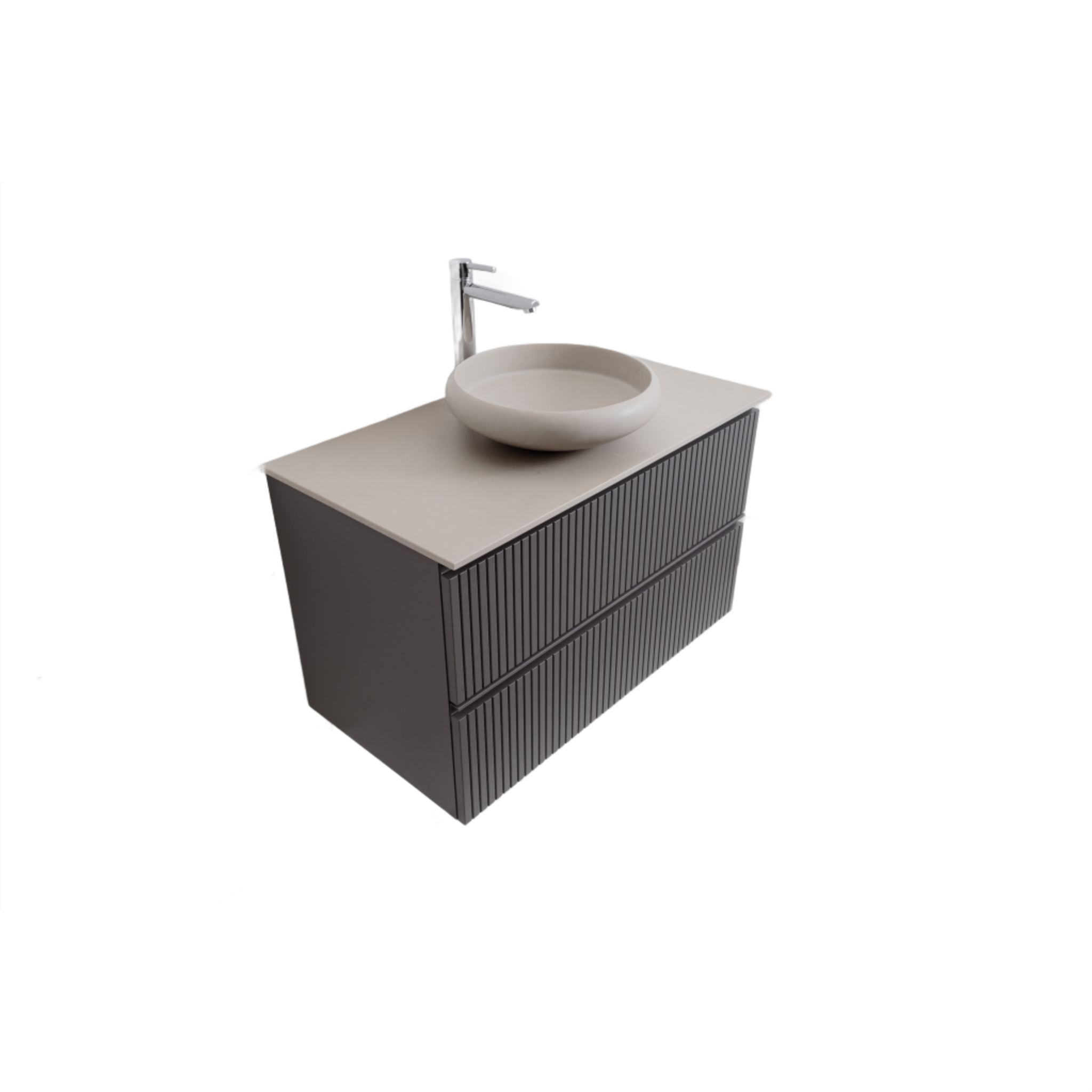 Ares 35.5 Matte Grey Cabinet, Solid Surface Flat Taupe Counter And Round Solid Surface Taupe Basin 1153, Wall Mounted Modern Vanity Set