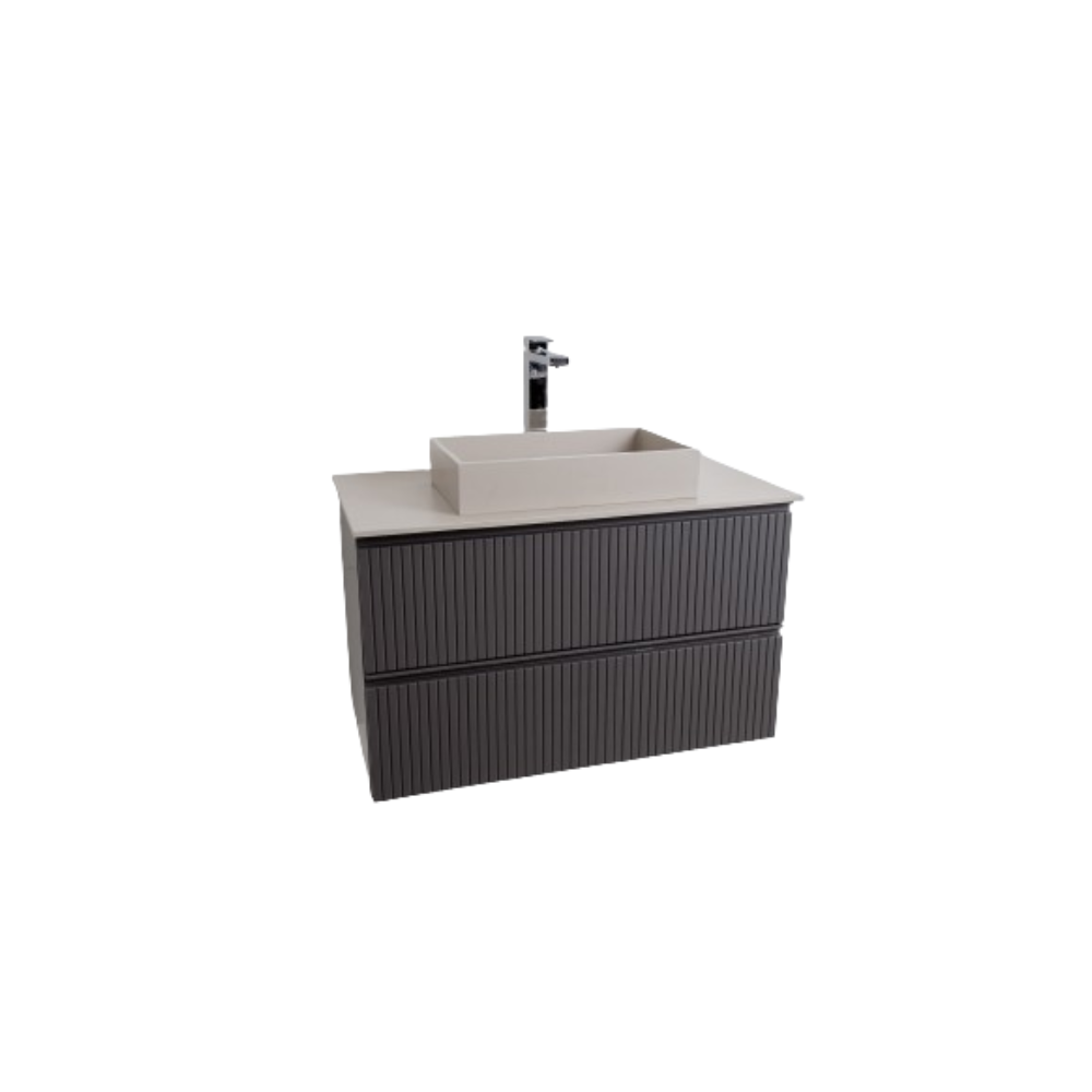 Ares 35.5 Matte Grey Cabinet, Solid Surface Flat Taupe Counter And Infinity Square Solid Surface Taupe Basin 1329, Wall Mounted Modern Vanity Set