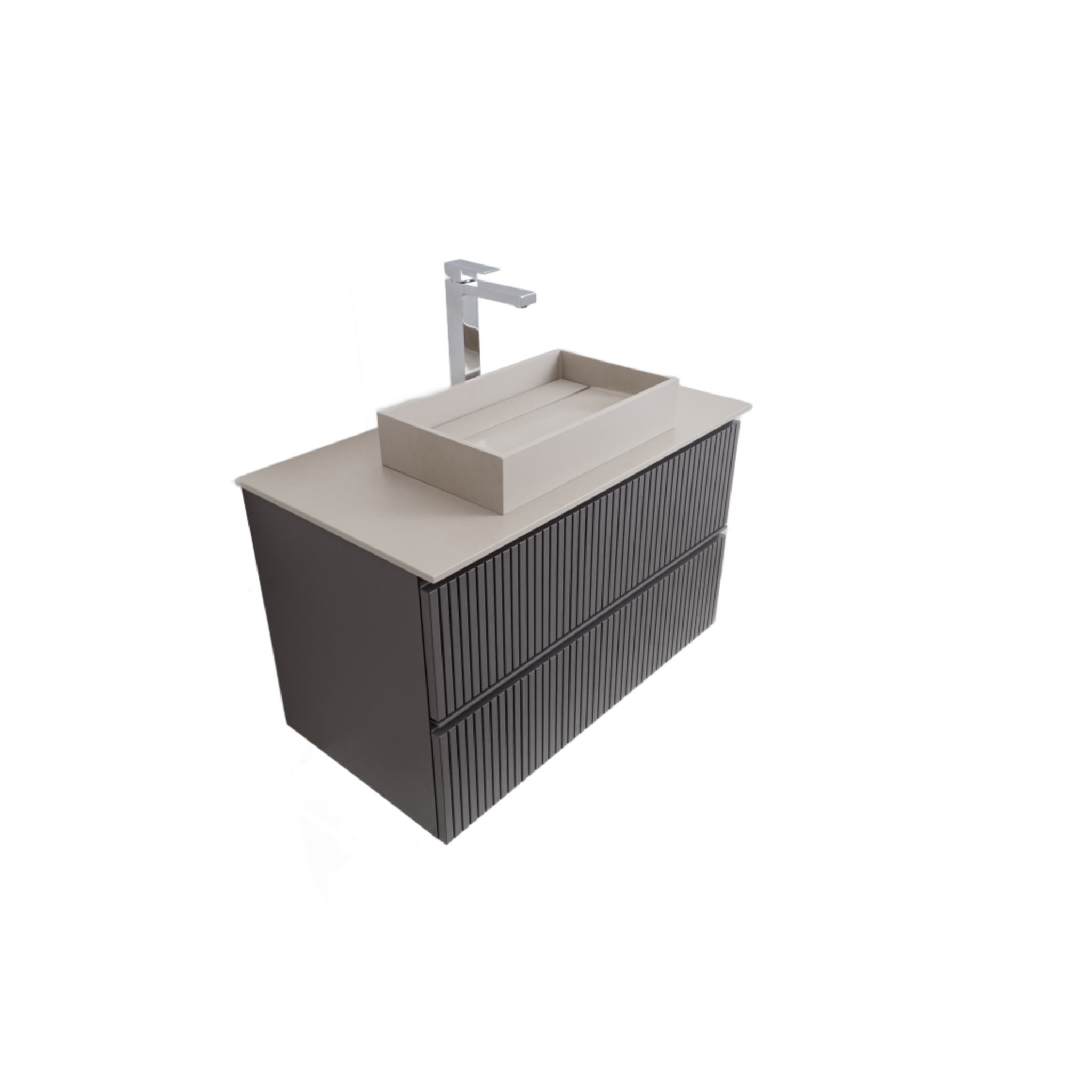 Ares 35.5 Matte Grey Cabinet, Solid Surface Flat Taupe Counter And Infinity Square Solid Surface Taupe Basin 1329, Wall Mounted Modern Vanity Set