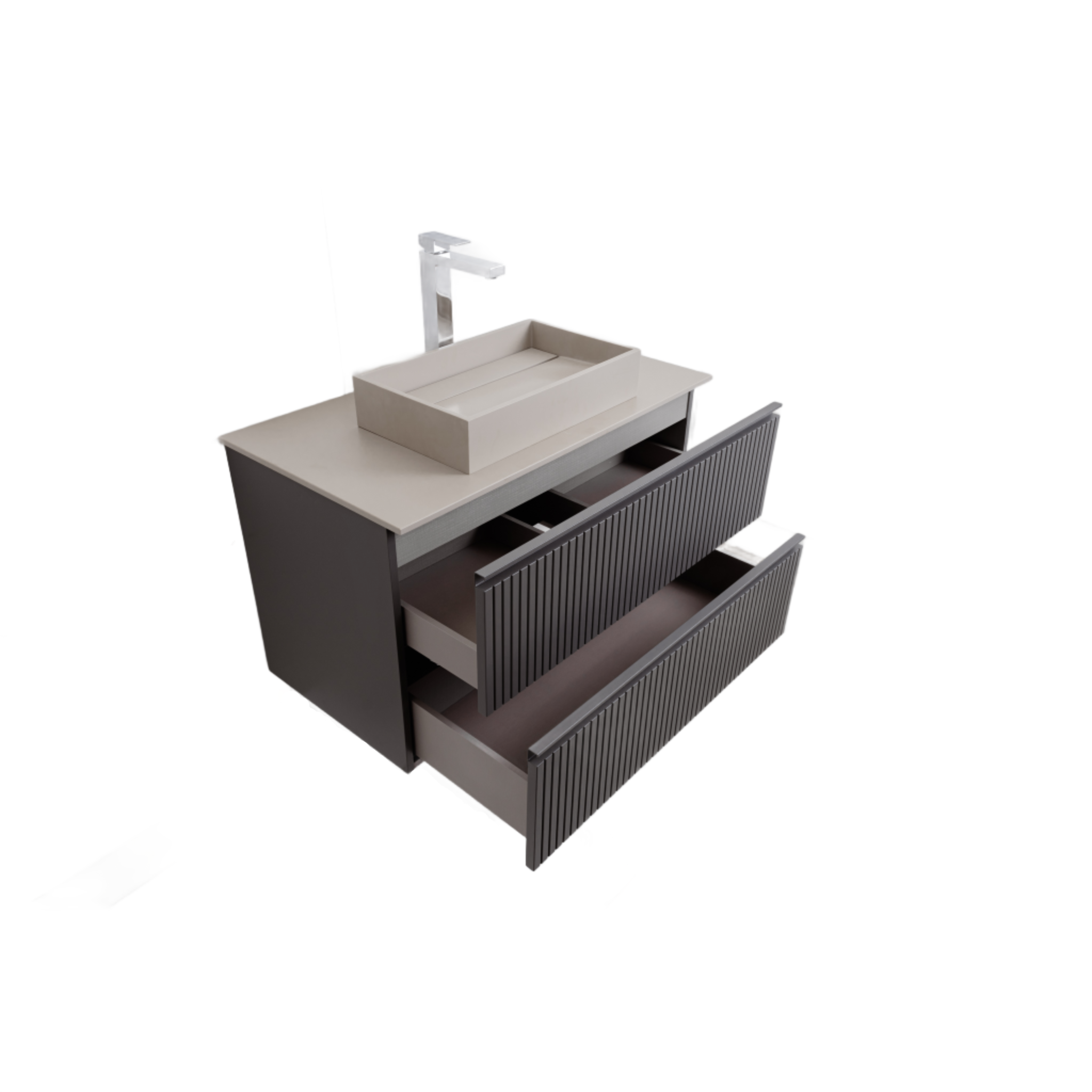 Ares 35.5 Matte Grey Cabinet, Solid Surface Flat Taupe Counter And Infinity Square Solid Surface Taupe Basin 1329, Wall Mounted Modern Vanity Set