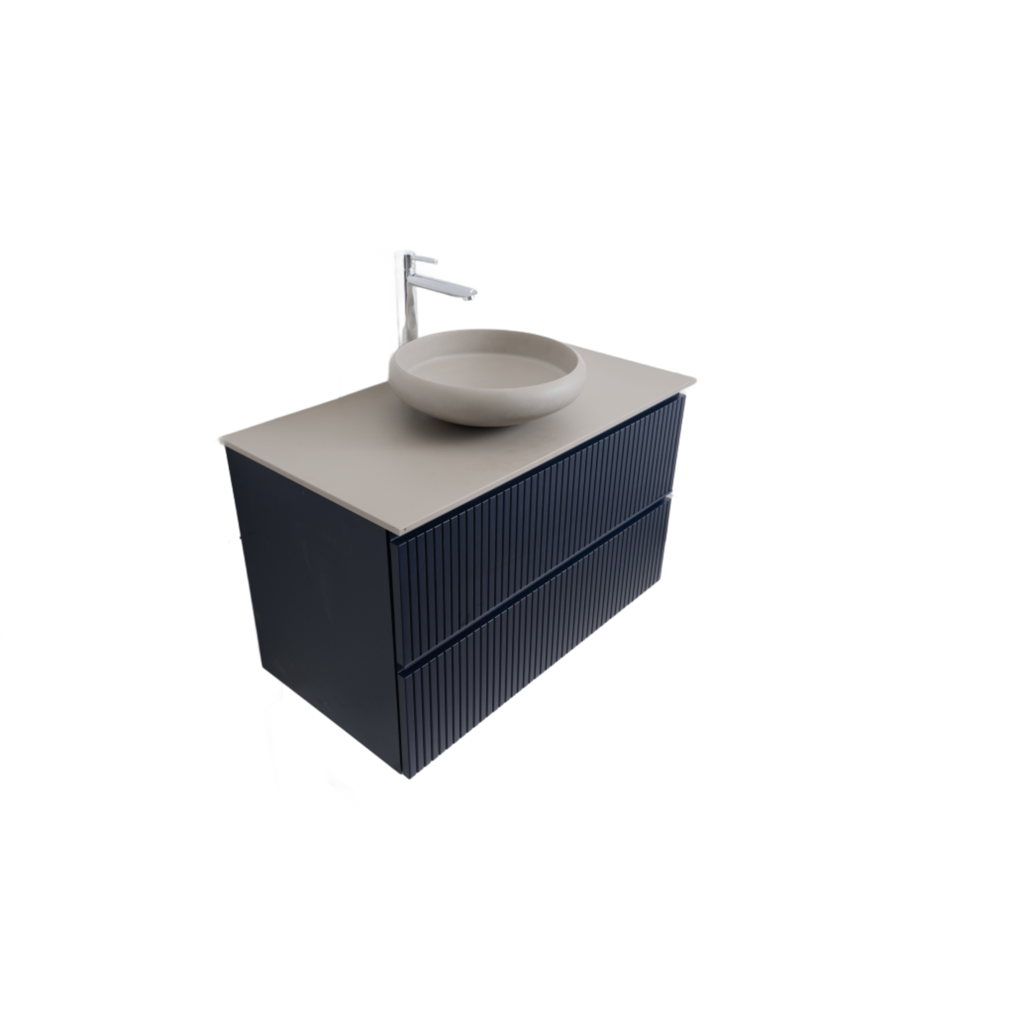 Ares 39.5 Matte Navy Blue Cabinet, Solid Surface Flat Taupe Counter And Round Solid Surface Taupe Basin 1153, Wall Mounted Modern Vanity Set