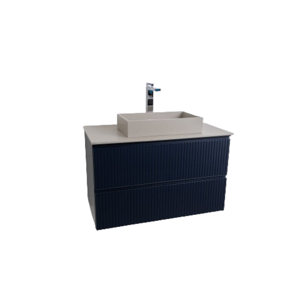 Ares 39.5 Matte Navy Blue Cabinet, Solid Surface Flat Taupe Counter And Infinity Square Solid Surface Taupe Basin 1329, Wall Mounted Modern Vanity Set