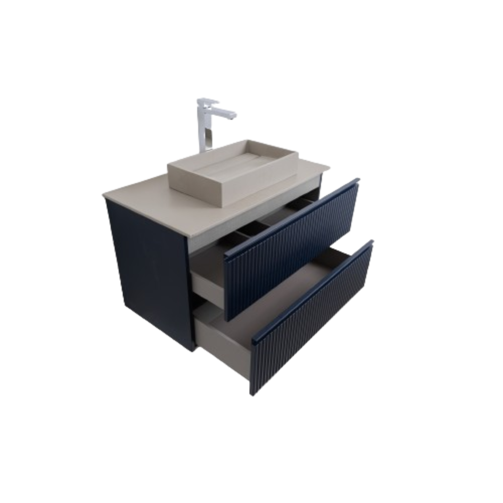 Ares 39.5 Matte Navy Blue Cabinet, Solid Surface Flat Taupe Counter And Infinity Square Solid Surface Taupe Basin 1329, Wall Mounted Modern Vanity Set