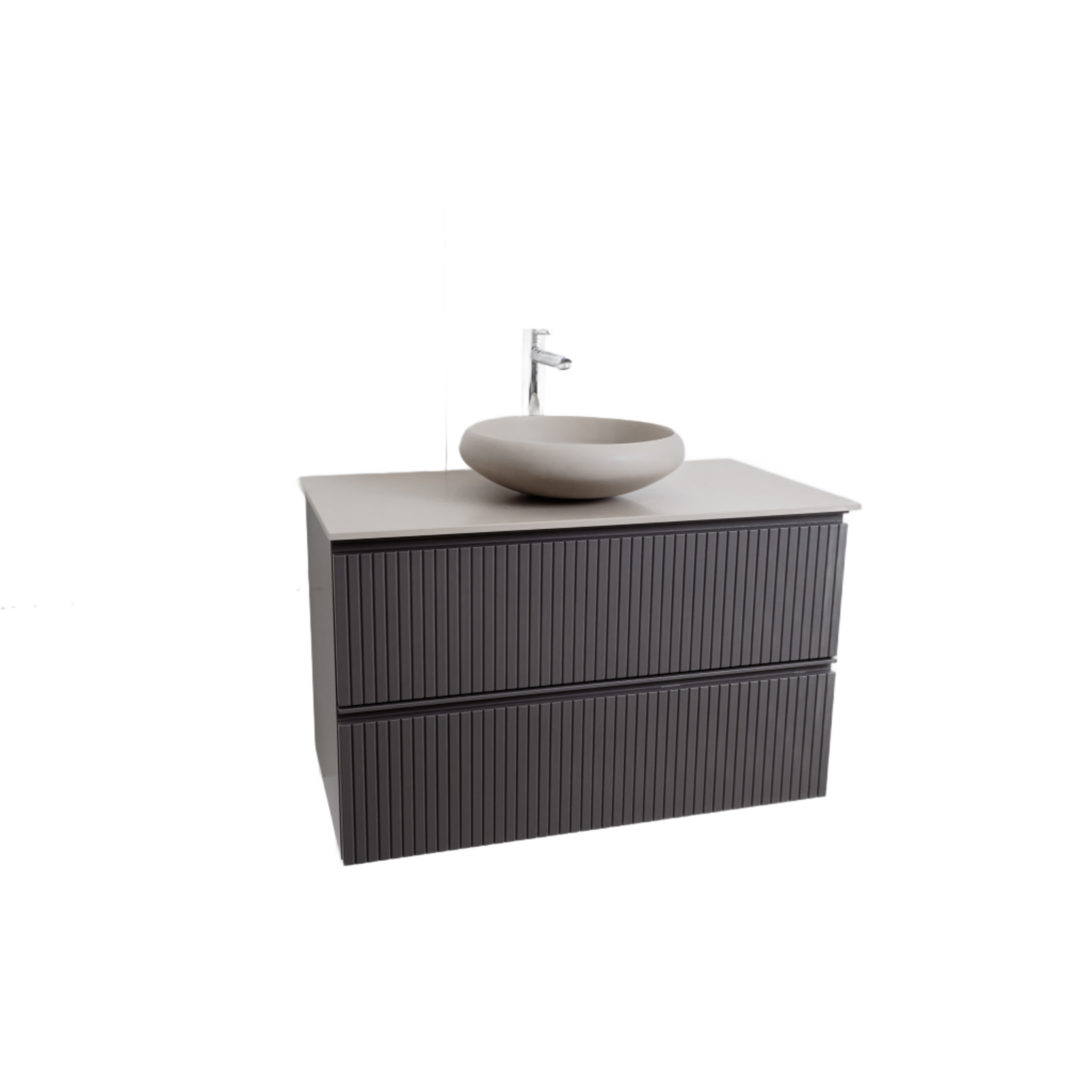 Ares 39.5 Matte Grey Cabinet, Solid Surface Flat Taupe Counter And Round Solid Surface Taupe Basin 1153, Wall Mounted Modern Vanity Set