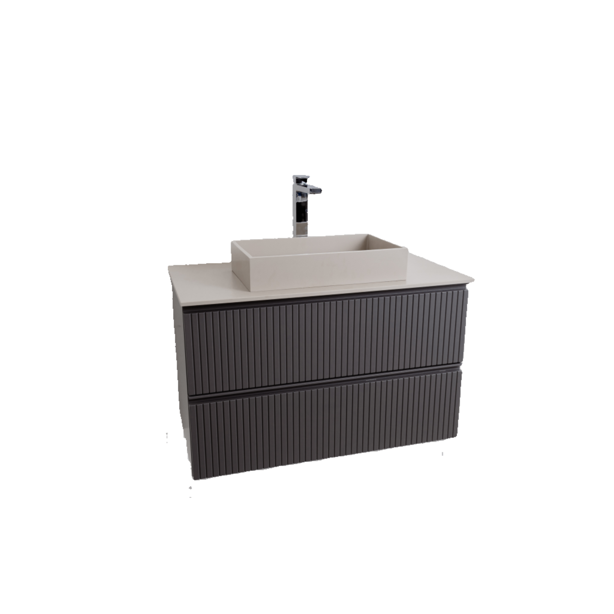 Ares 39.5 Matte Grey Cabinet, Solid Surface Flat Taupe Counter And Infinity Square Solid Surface Taupe Basin 1329, Wall Mounted Modern Vanity Set