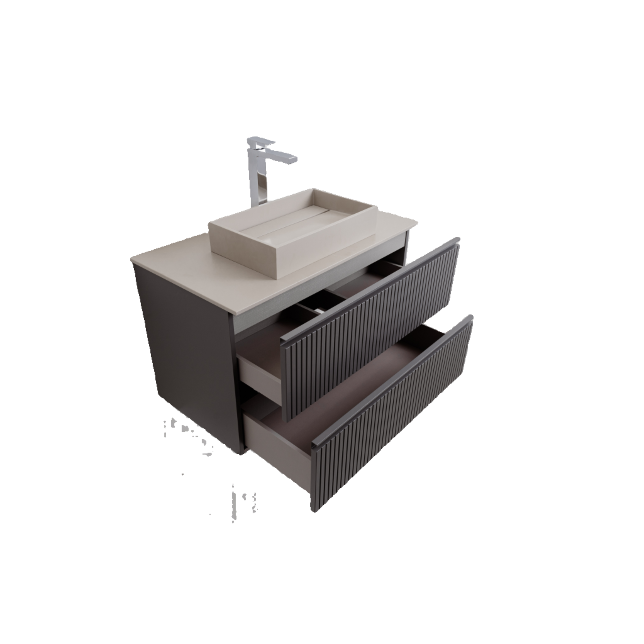 Ares 39.5 Matte Grey Cabinet, Solid Surface Flat Taupe Counter And Infinity Square Solid Surface Taupe Basin 1329, Wall Mounted Modern Vanity Set