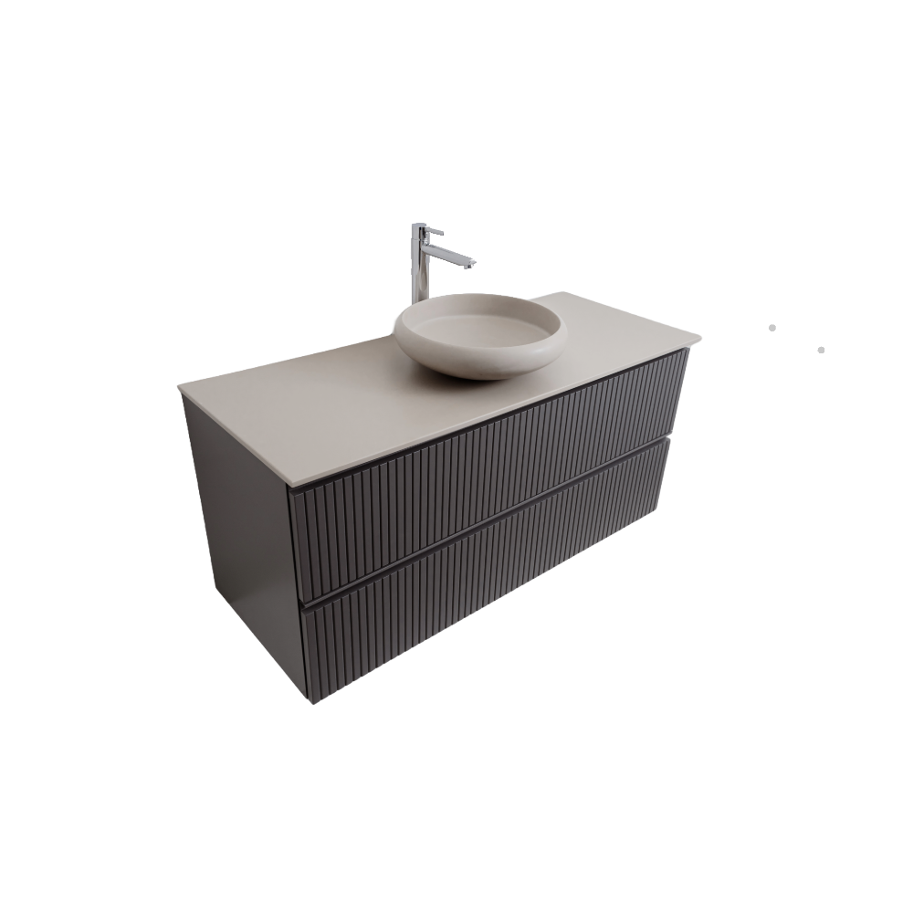 Ares 47.5 Matte Grey Cabinet, Solid Surface Flat Taupe Counter And Round Solid Surface Taupe Basin 1153, Wall Mounted Modern Vanity Set