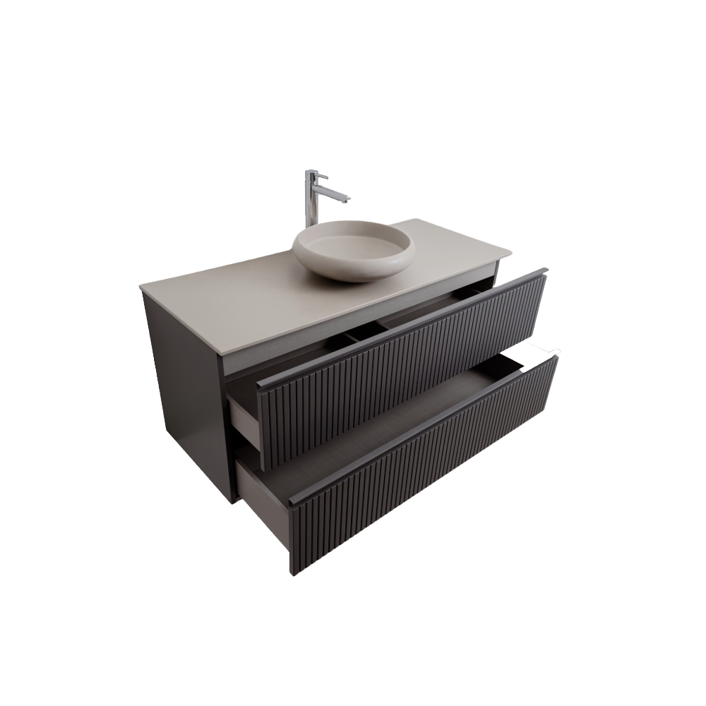 Ares 47.5 Matte Grey Cabinet, Solid Surface Flat Taupe Counter And Round Solid Surface Taupe Basin 1153, Wall Mounted Modern Vanity Set