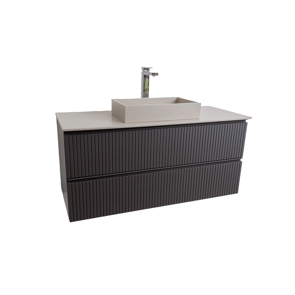 Ares 47.5 Matte Grey Cabinet, Solid Surface Flat Taupe Counter And Infinity Square Solid Surface Taupe Basin 1329, Wall Mounted Modern Vanity Set