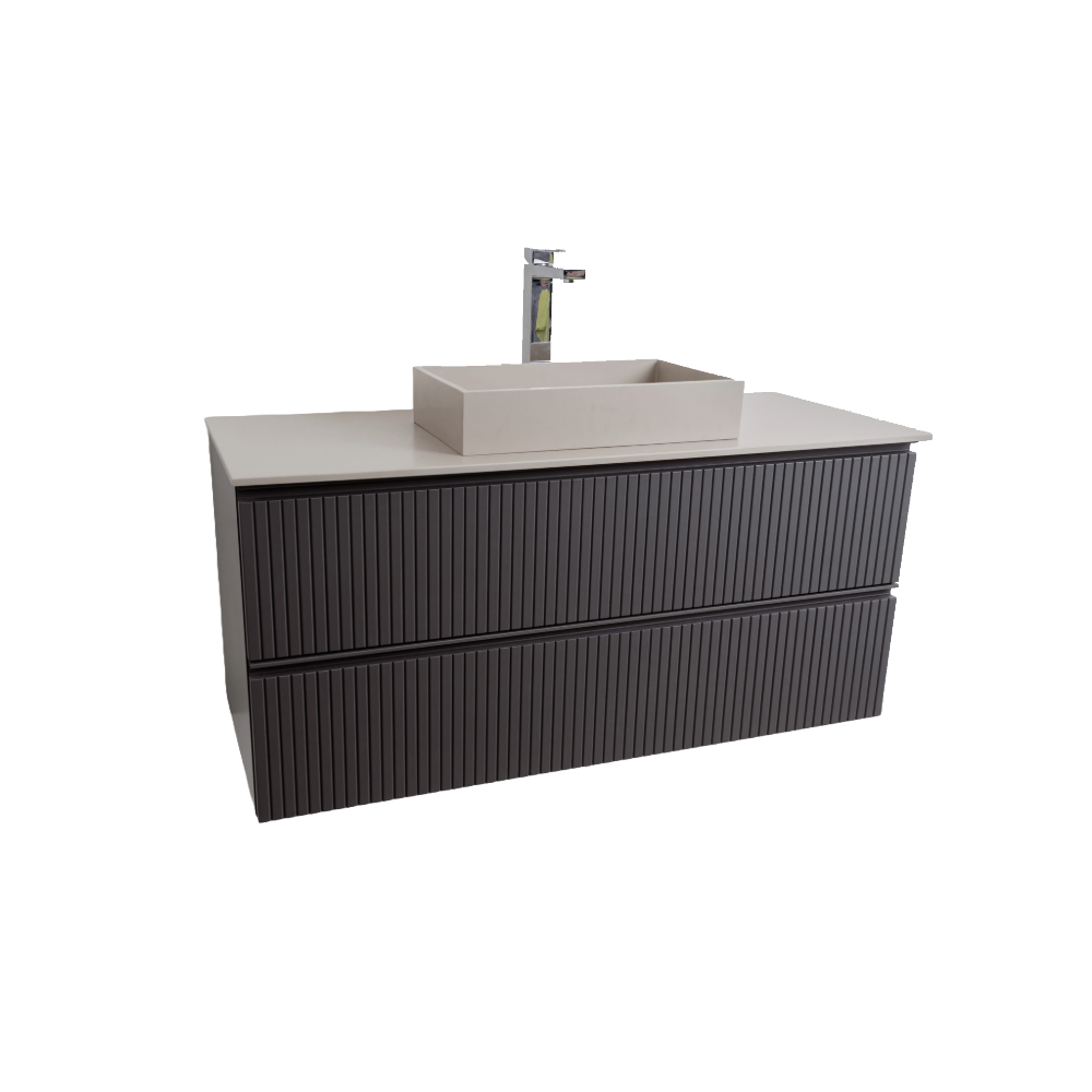 Ares 47.5 Matte Grey Cabinet, Solid Surface Flat Taupe Counter And Infinity Square Solid Surface Taupe Basin 1329, Wall Mounted Modern Vanity Set Bath Trends USA