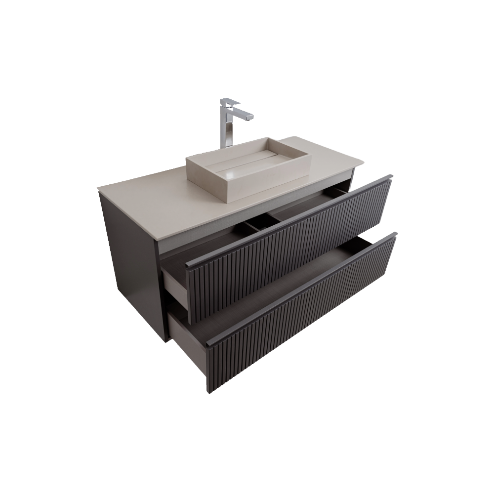 Ares 47.5 Matte Grey Cabinet, Solid Surface Flat Taupe Counter And Infinity Square Solid Surface Taupe Basin 1329, Wall Mounted Modern Vanity Set