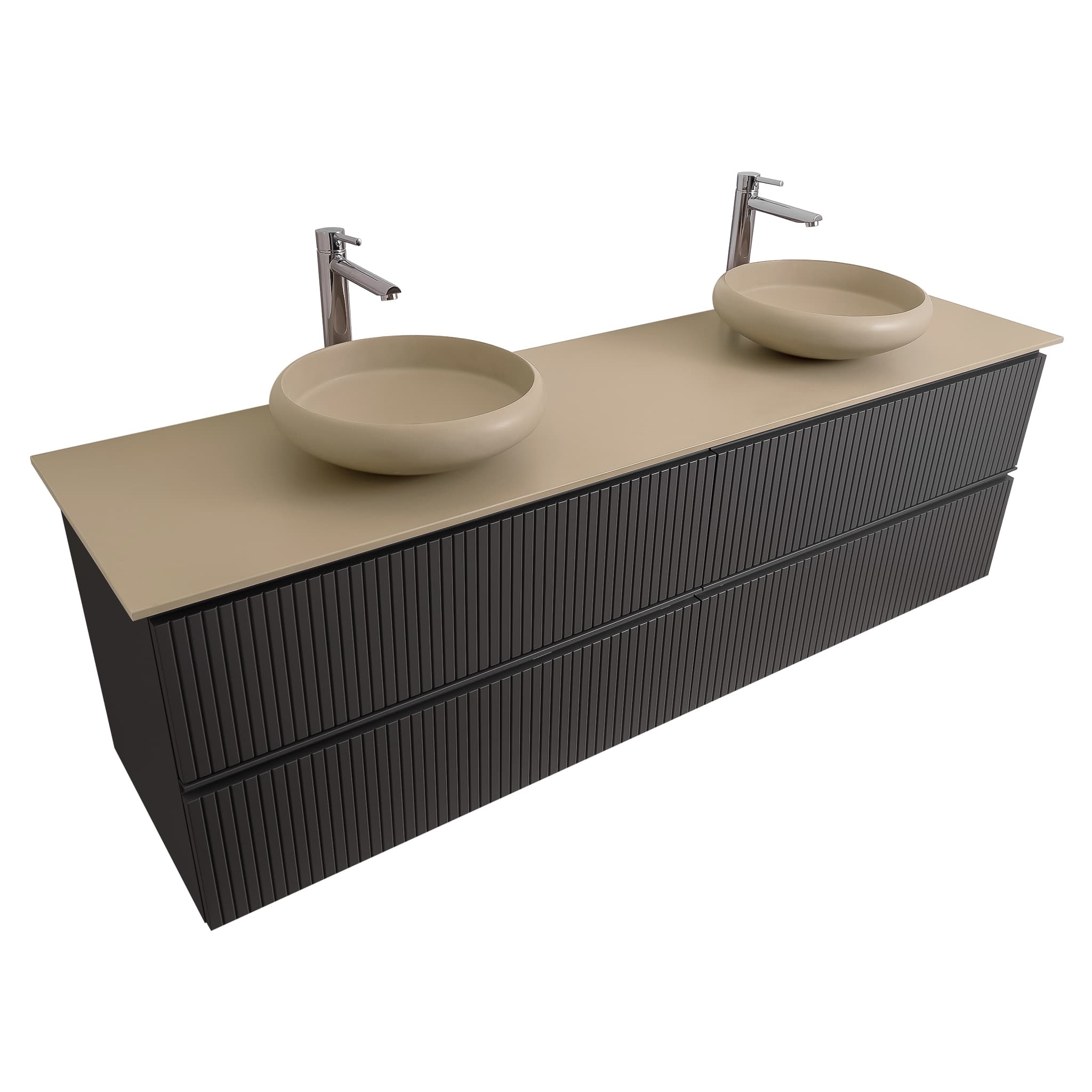 Ares 72 Matte Grey Top, Solid Surface Flat Taupe Counter And Two Round Solid Surface Taupe Basin 1153, Wall Mounted Modern Vanity Set