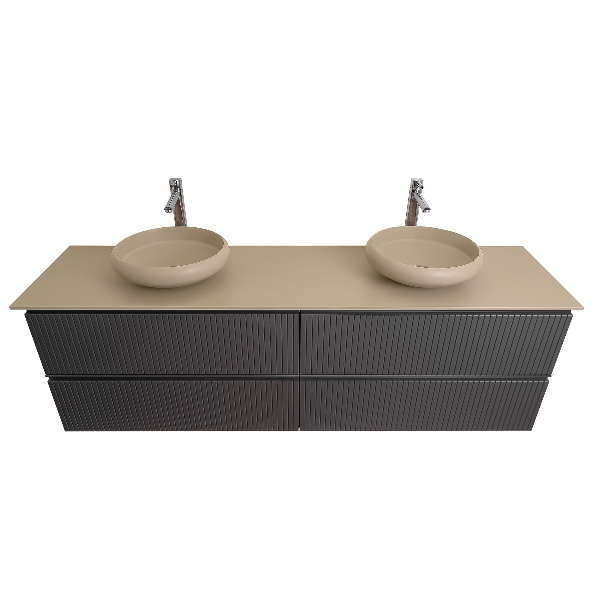 Ares 72 Matte Grey Top, Solid Surface Flat Taupe Counter And Two Round Solid Surface Taupe Basin 1153, Wall Mounted Modern Vanity Set