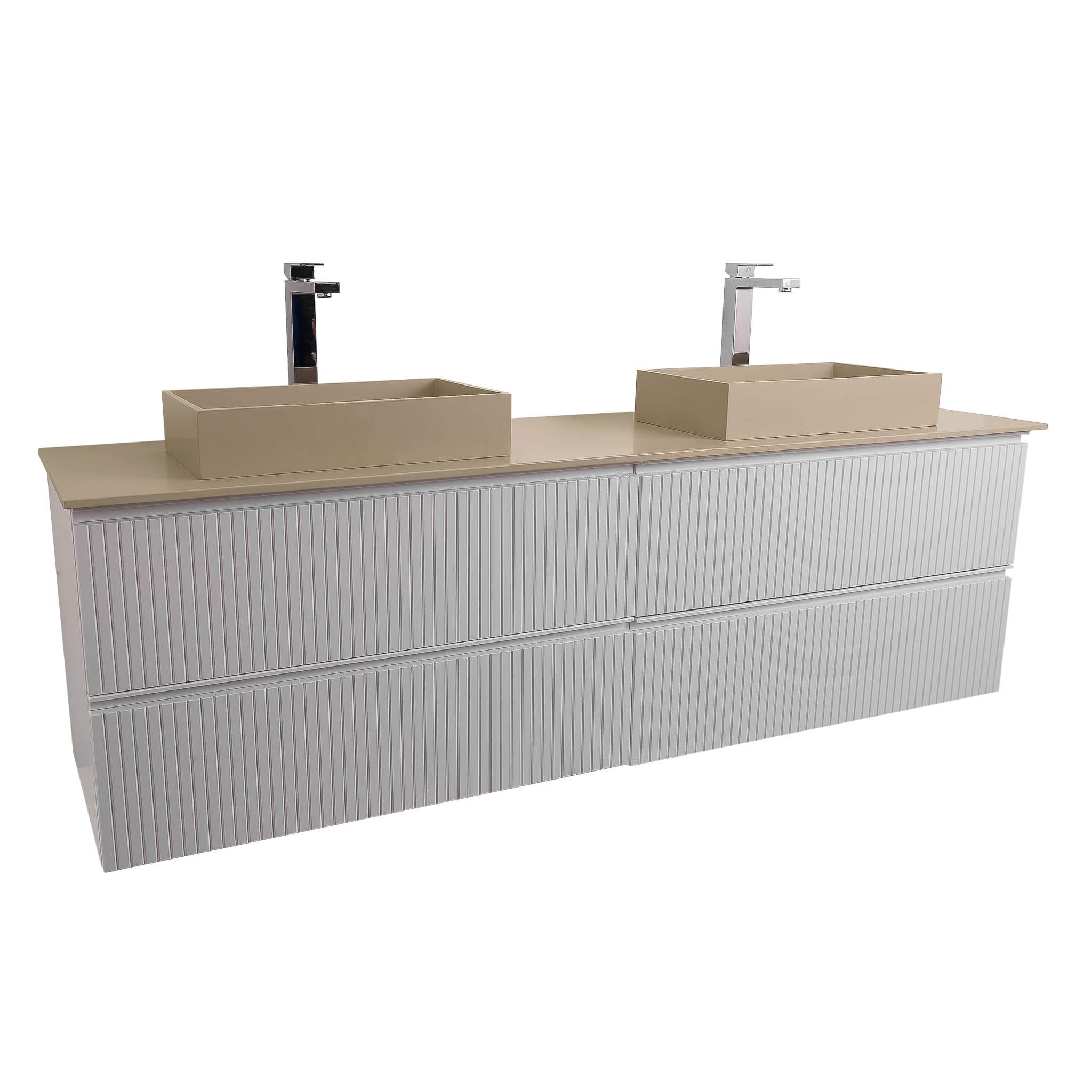 Ares 72 Matte White Cabinet, Solid Surface Flat Taupe Counter And Two Infinity Square Solid Surface Taupe Basin 1329, Wall Mounted Modern Vanity Set