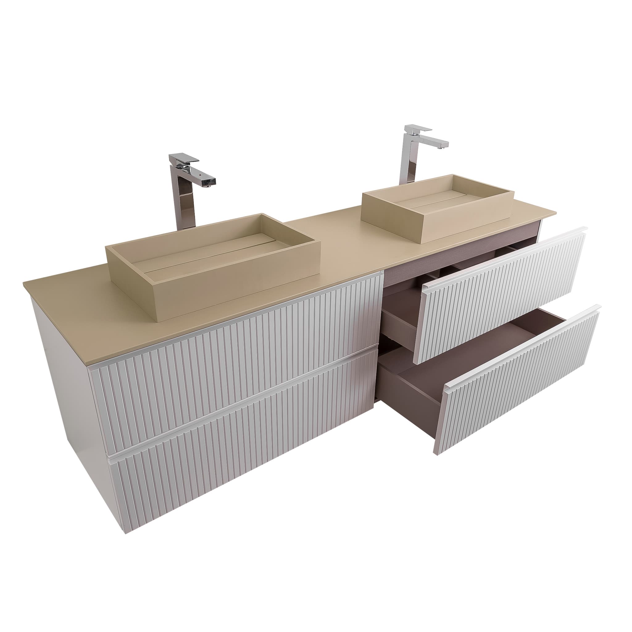 Ares 72 Matte White Cabinet, Solid Surface Flat Taupe Counter And Two Infinity Square Solid Surface Taupe Basin 1329, Wall Mounted Modern Vanity Set