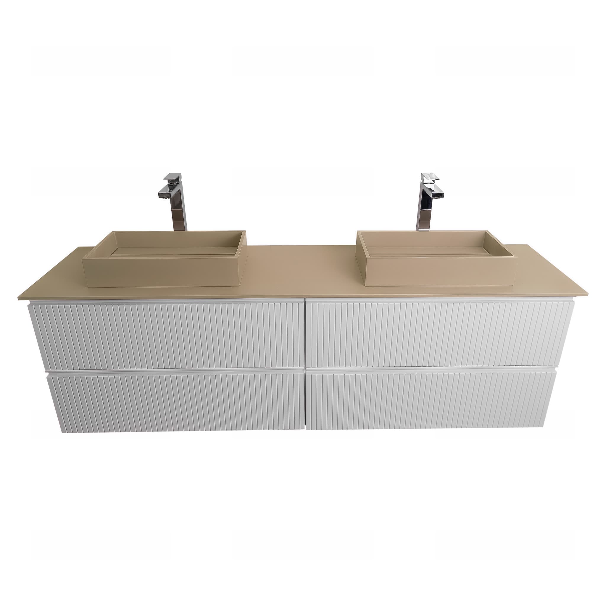 Ares 72 Matte White Cabinet, Solid Surface Flat Taupe Counter And Two Infinity Square Solid Surface Taupe Basin 1329, Wall Mounted Modern Vanity Set