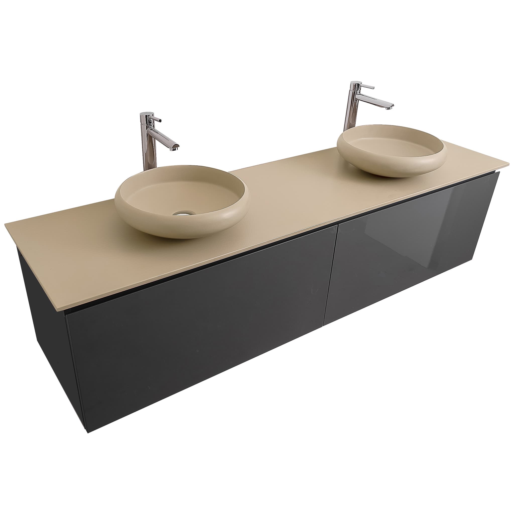 Venice 72 Anthracite High Gloss Cabinet, Solid Surface Flat Taupe Counter And Two Round Solid Surface Taupe Basin 1153, Wall Mounted Modern Vanity Set