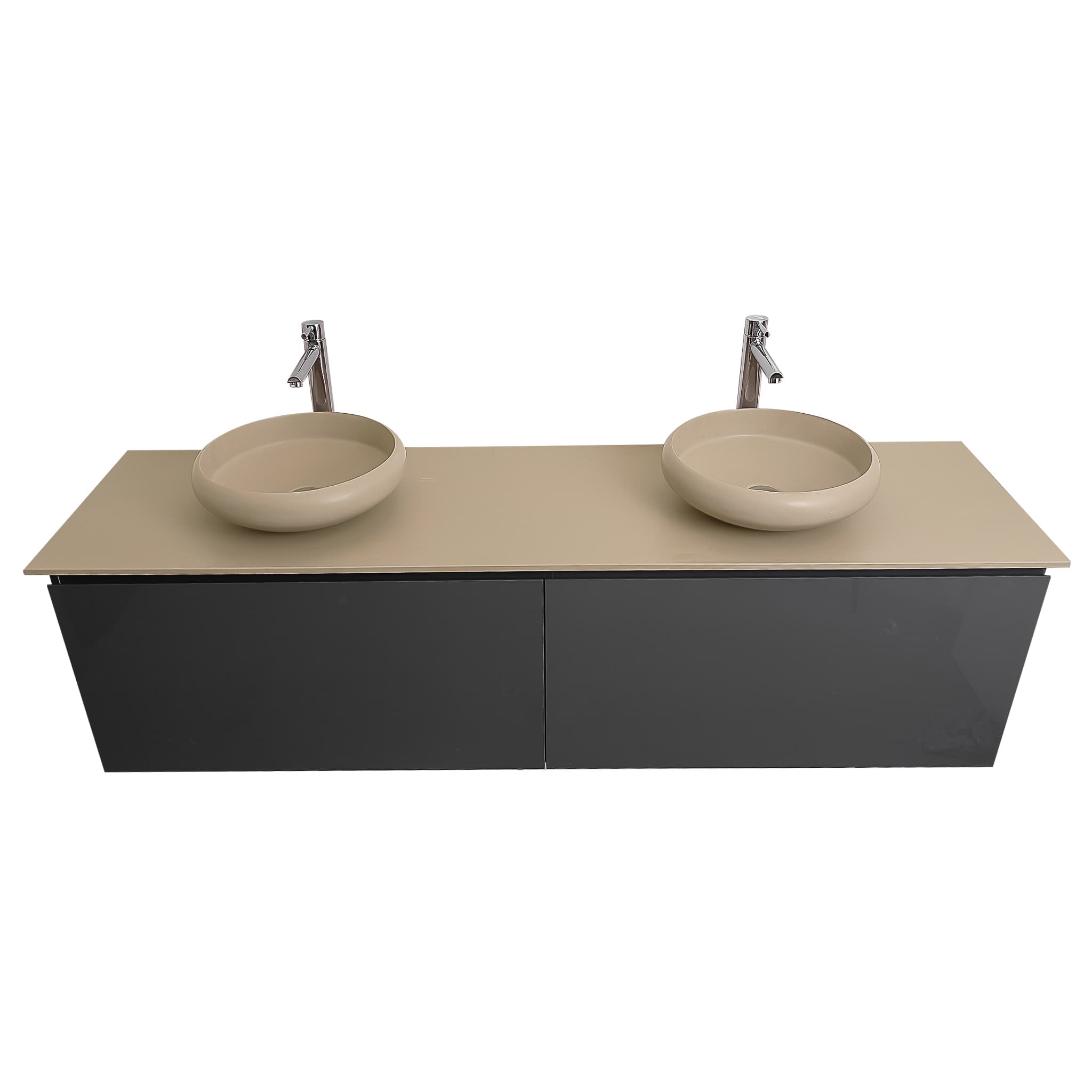 Venice 72 Anthracite High Gloss Cabinet, Solid Surface Flat Taupe Counter And Two Round Solid Surface Taupe Basin 1153, Wall Mounted Modern Vanity Set