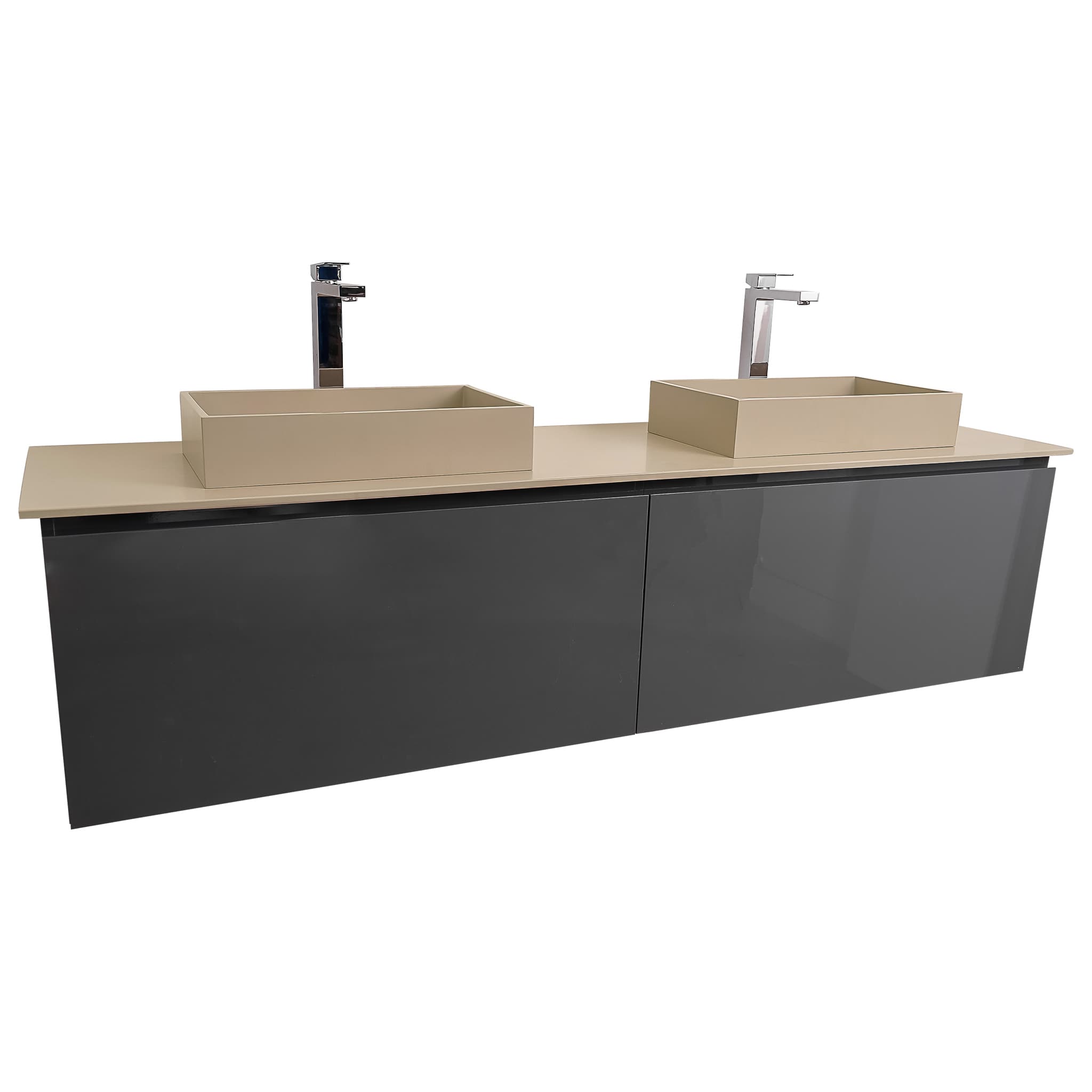 Venice 72 Anthracite High Gloss Cabinet, Solid Surface Flat Taupe Counter And Two Two Infinity Square Solid Surface Taupe Basin 1329, Wall Mounted Modern Vanity Set