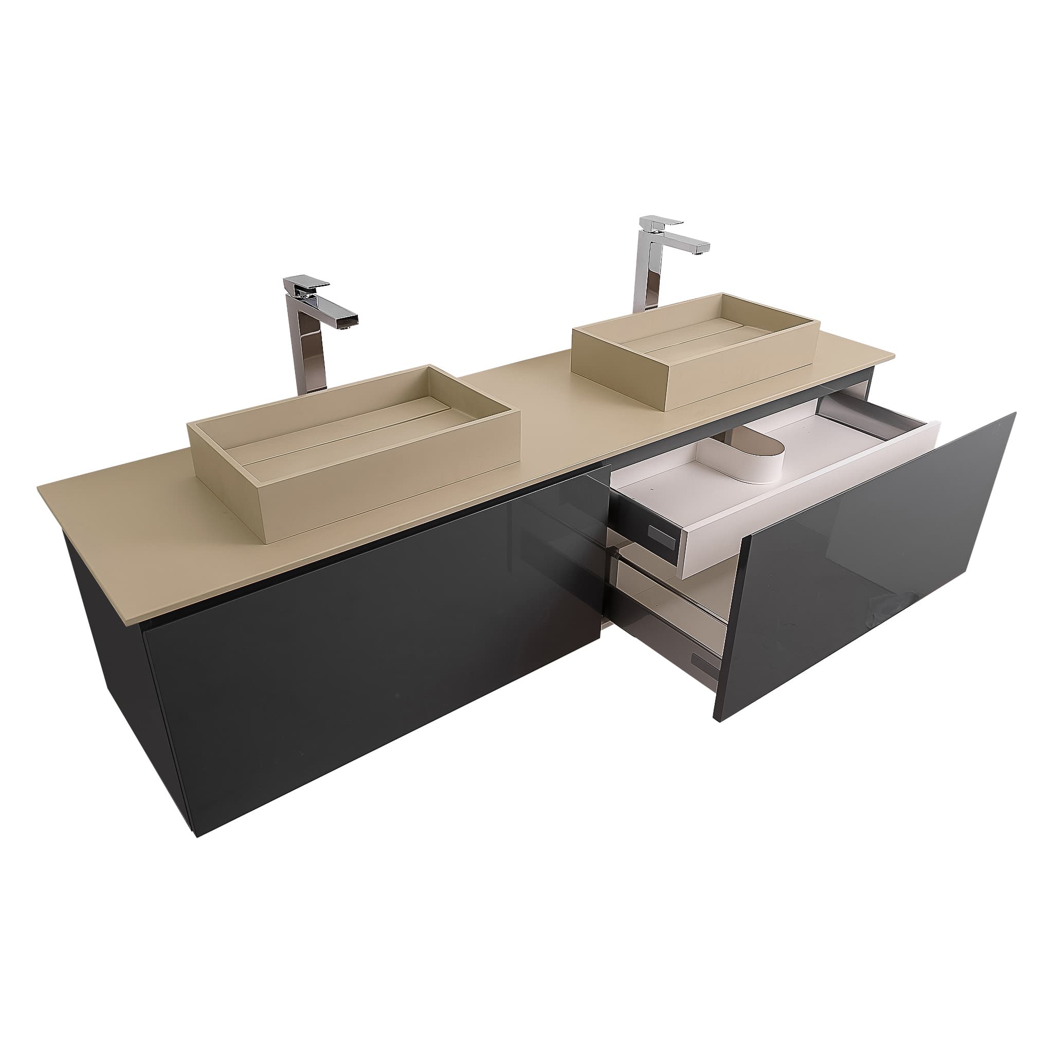 Venice 72 Anthracite High Gloss Cabinet, Solid Surface Flat Taupe Counter And Two Two Infinity Square Solid Surface Taupe Basin 1329, Wall Mounted Modern Vanity Set