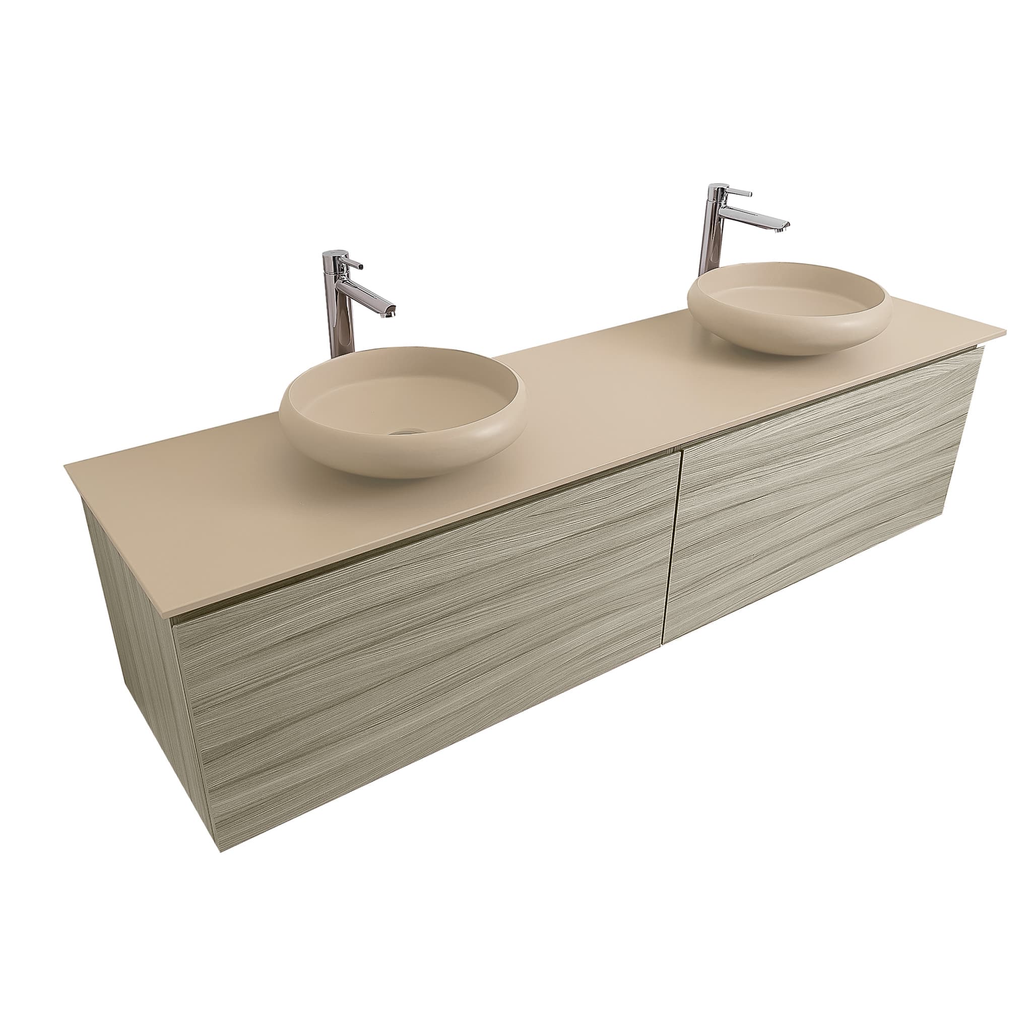 Venice 72 Nilo Grey Wood Texture Cabinet, Solid Surface Flat Taupe Counter And Two Round Solid Surface Taupe Basin 1153, Wall Mounted Modern Vanity Set